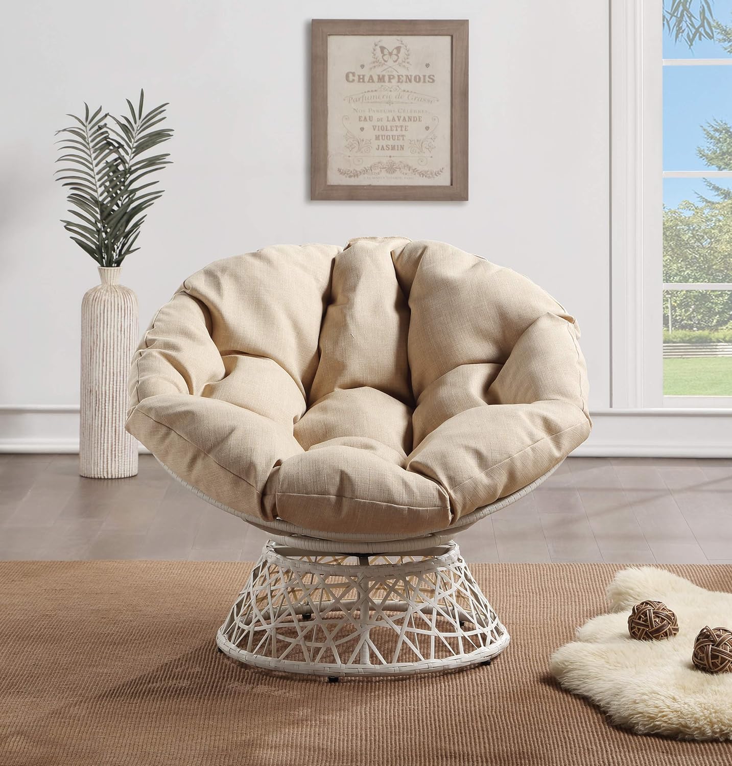 OSP Home Furnishings Wicker Papasan Chair with 360-Degree Swivel, Cream Frame with Cream Cushion: Furniture & Decor