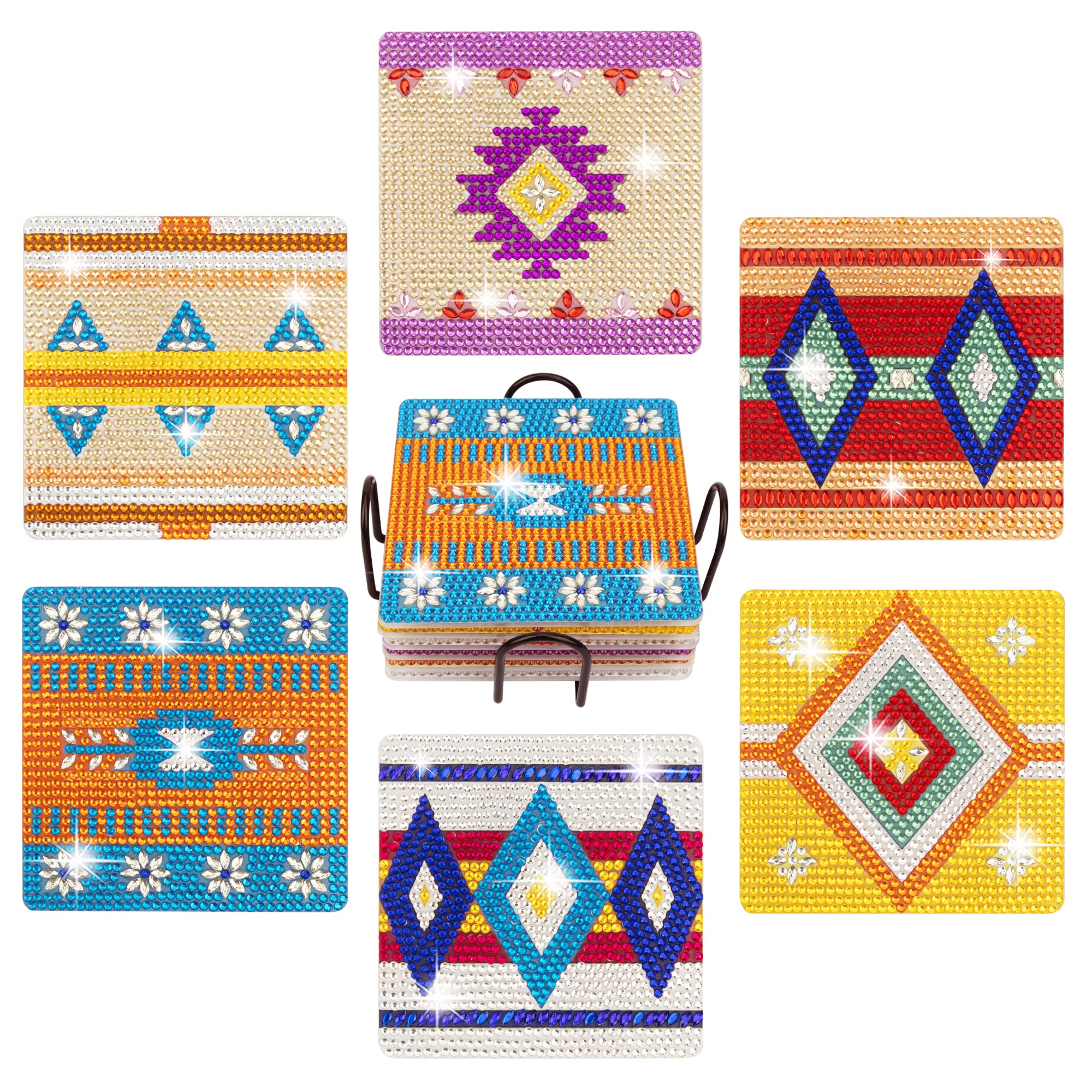 Temlum 6 Pcs Diamond Painting Coasters with Holder, Boho Art Coasters Diamond Painting Kits for Beginners, Adults Art Craft Supplies