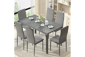 DKLGG 7 Piece Dining Table Set for 6, Glass Dining Room Table Set with 6 PU Leather Chairs, Modern Kitchen Table and Chairs Set of 6 for Small Space, Apartment