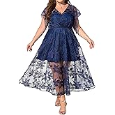 Beckyrebelly Plus Size Cocktail Wedding Guest Dress for Women Empire Waist Sequin Embroidered Lace Midi Dresses