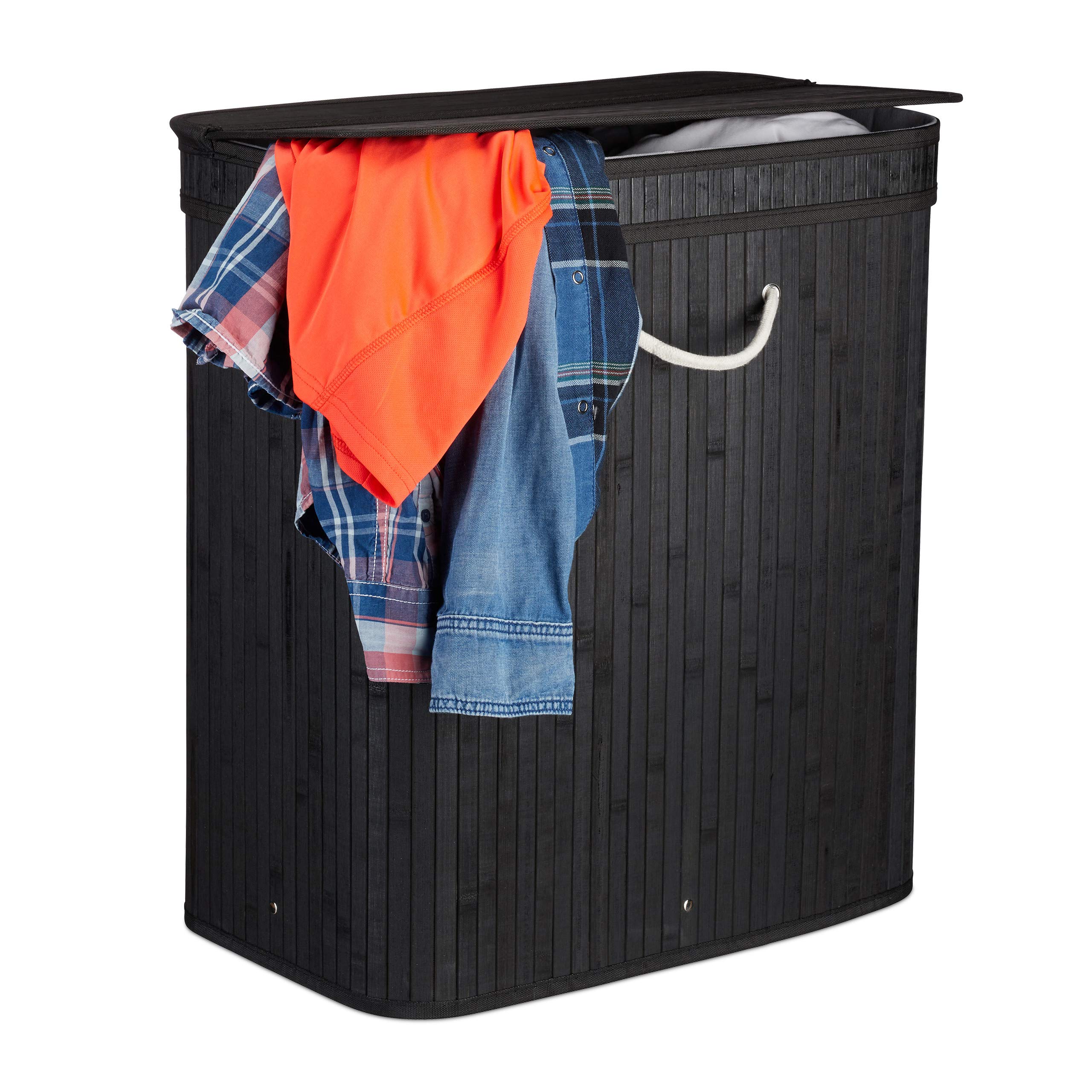 Relaxdays Lidded Laundry Hamper, 2 Compartments, Partitioned Bag, Ventilated, 72 litres, Bamboo Basket, Black, 62 x 55 x 35 cm