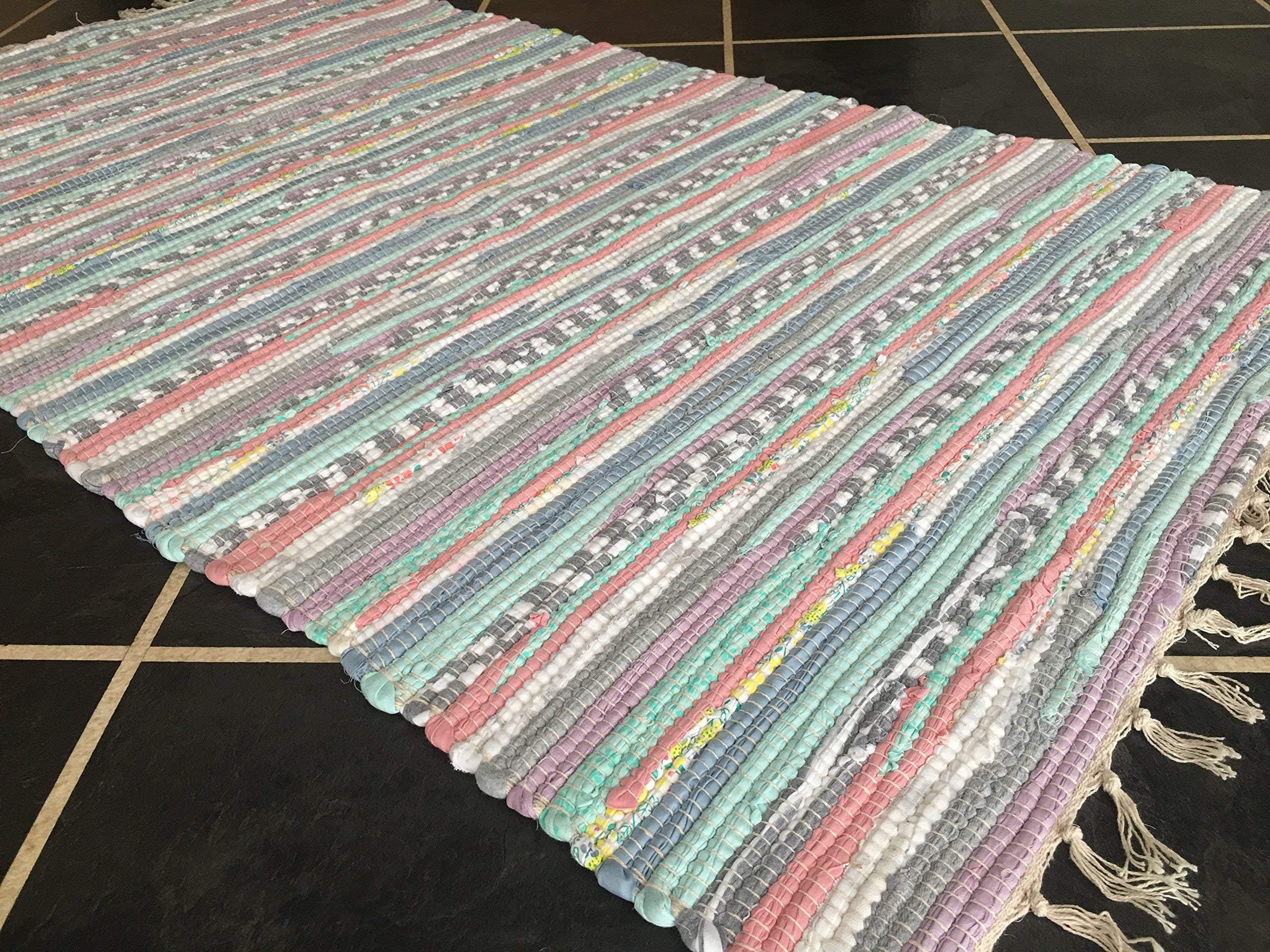 Second Nature Online Kaindee Small Rag Rug in Pastel Candy Multi Colour Woven with Recycled Fabric