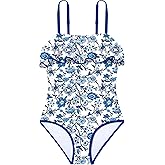 TyeSmo Girls Swimsuit Ruffle One Piece Swimsuits Solid Color Bathing Suit for Teens Contrast Trim Swimwear 9-16Y with Padded