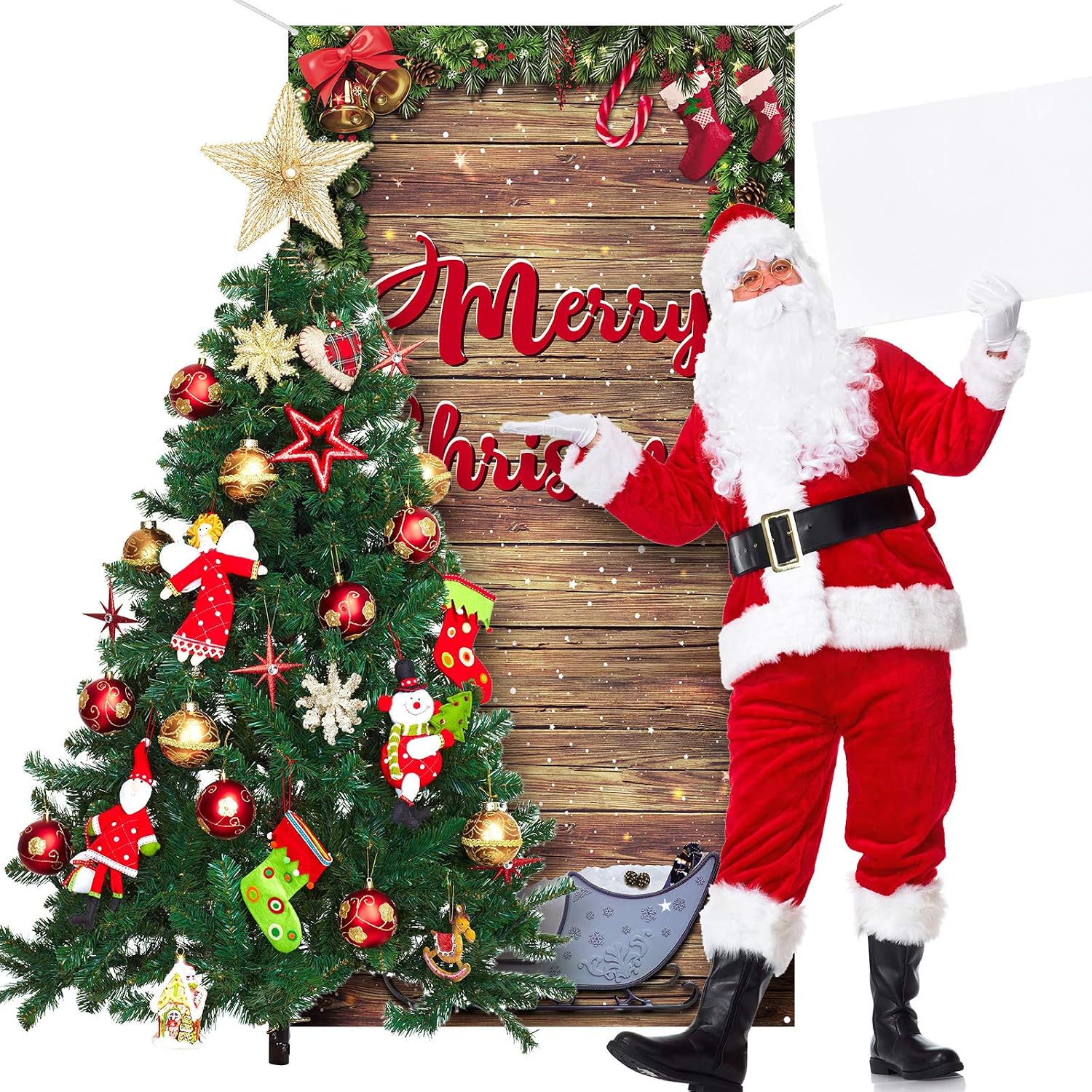 Christmas Party Supplies Merry Christmas Door Cover Fabric Glitter Wood Background Christmas Stocking Backdrop Background Banner for Photo Booth Props New Year Party Decorations 70.9 x 35.4 Inches - Image 5