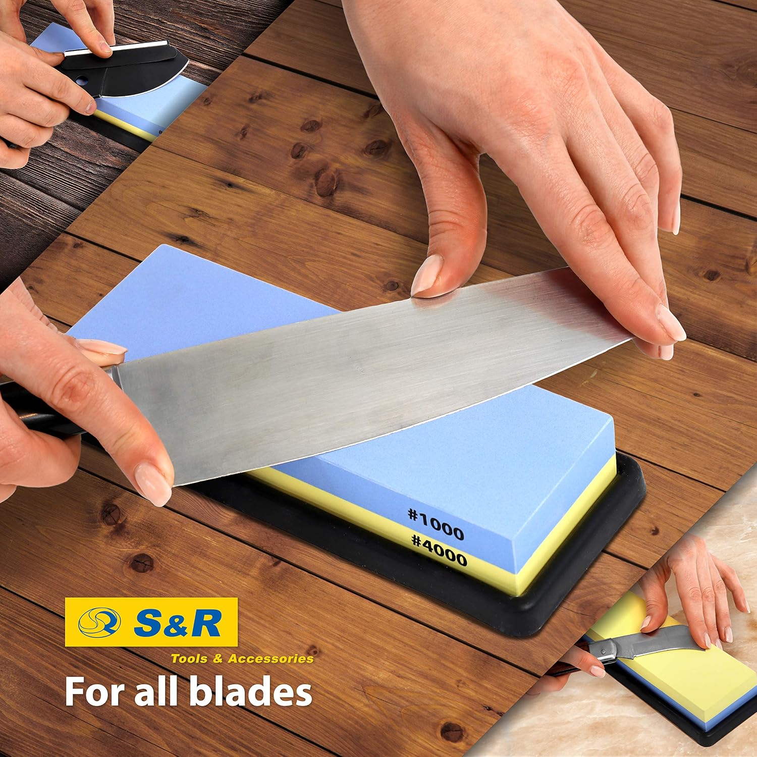 S&R 2-Sided Whetstone Sharpening Stone 18 x 6 x 3 cm with 1000/4000 Grit and Silicone Holder, 100% Corundum - Image 5