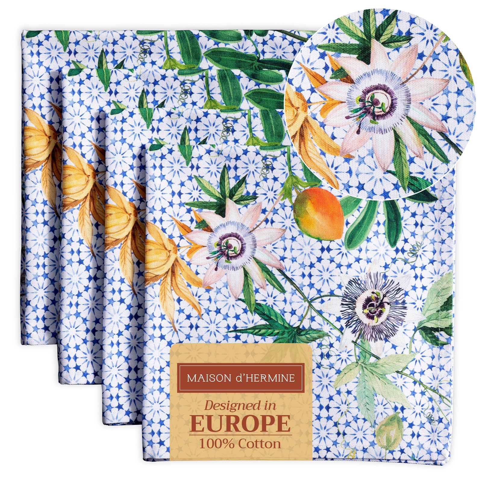 Maison d' Hermine Cloth Napkins Set of 4 100% Cotton Everyday Reusable Square Napkins Cloth Washable Dinner Party Wedding Restaurant Gifts for Mothers Day (Passiflora, 45 CM x 45 CM)