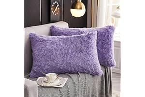 WERDIM Shaggy Fluffy Faux Fur Pillowcases 2 Pack Button Closure Velvet Pillow Shams King Size (Lilac, 20 X 36 Inches)