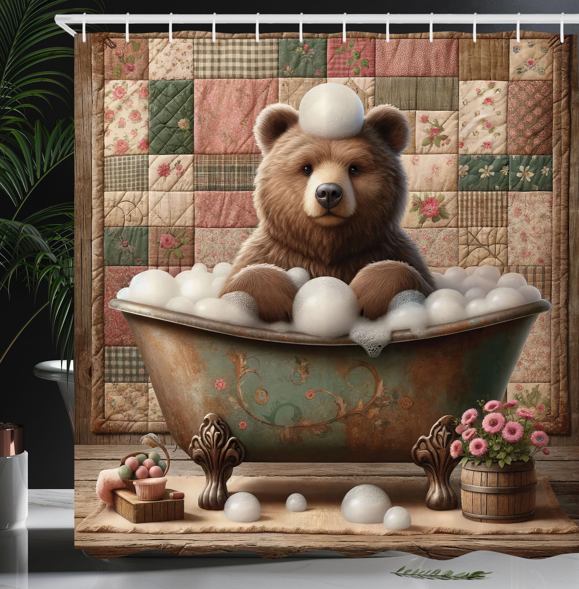 ABAKUHAUS Rustic Shower Curtain, Funny Grizzly Bear Weathered Bathtub Bubbles Farmhouse Flowers Patchwork, Cloth Fabric Bathroom Decor Set with Hooks, 78" Inches, Chocolate Rosewood Green