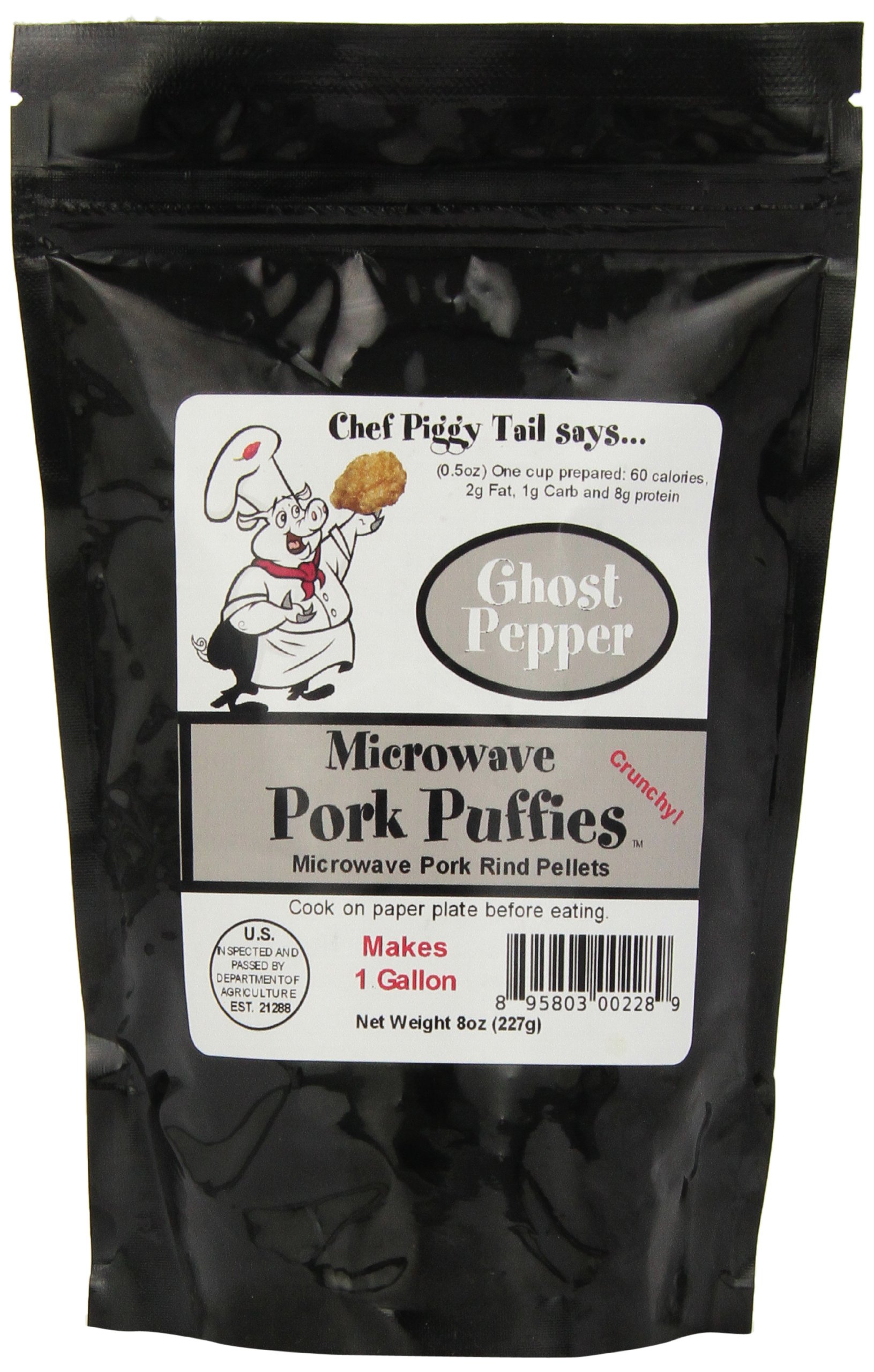 Chef Piggy Tail Microwave Pork Puffies Pork Rinds, Jalapeno, 8 Ounce