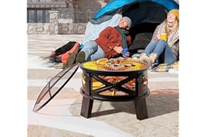Fire Beauty 26"Steel Fire Pit with Grill Grate&Spark Screen,360° Airflow Boost Technology,Less Smoke,Larger Flames,Heavy-Duty Portable Camping Fire Pit for Backyard,Beach,RV (22lbs,4 Handles,Dual-Use)