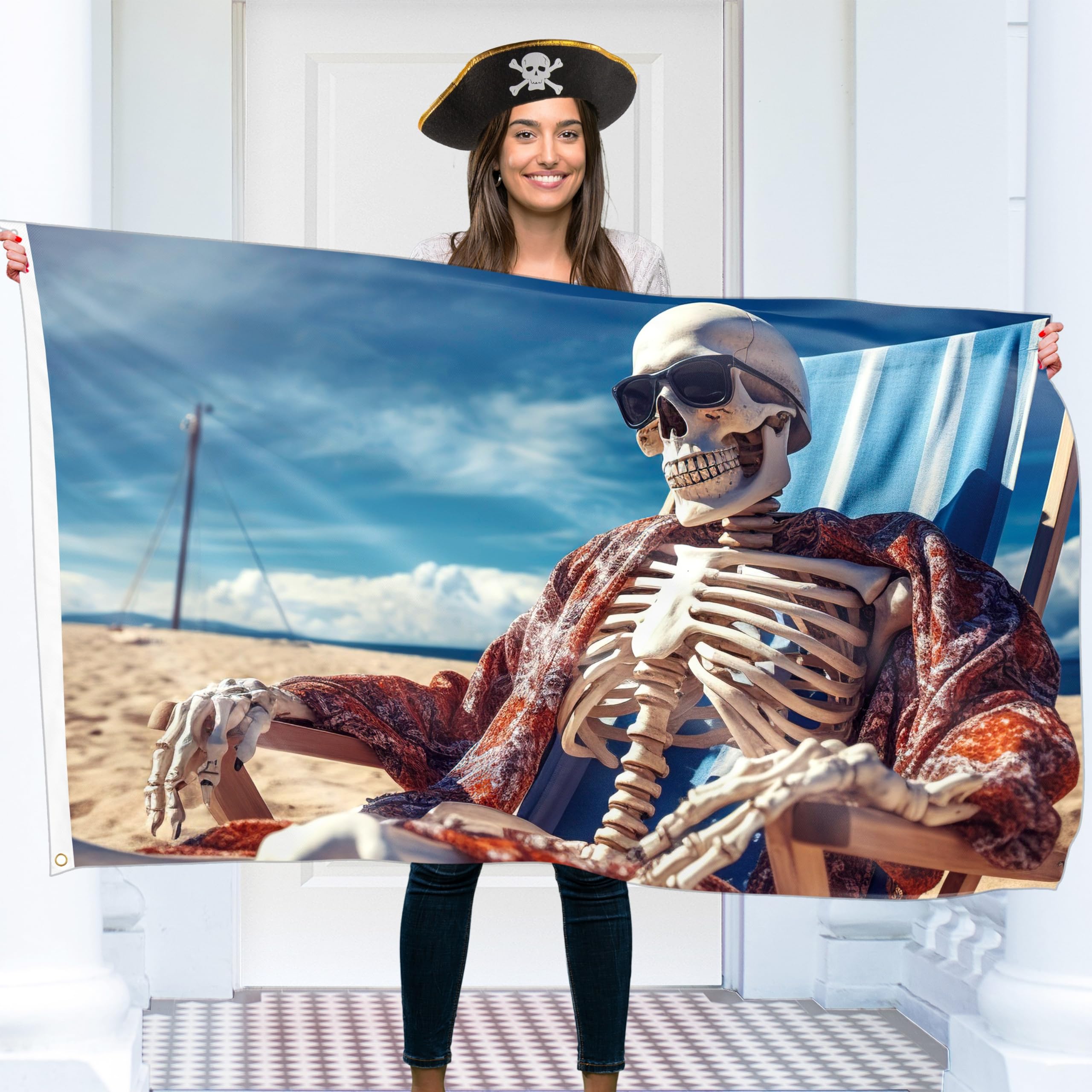 KASKANA Pirate Flag – Jolly Roger Flag with Skeleton on the beach- Double-sided Print – 110Den polyester - Double Seam - 2 brass eyelets, large 5ft x 3ft