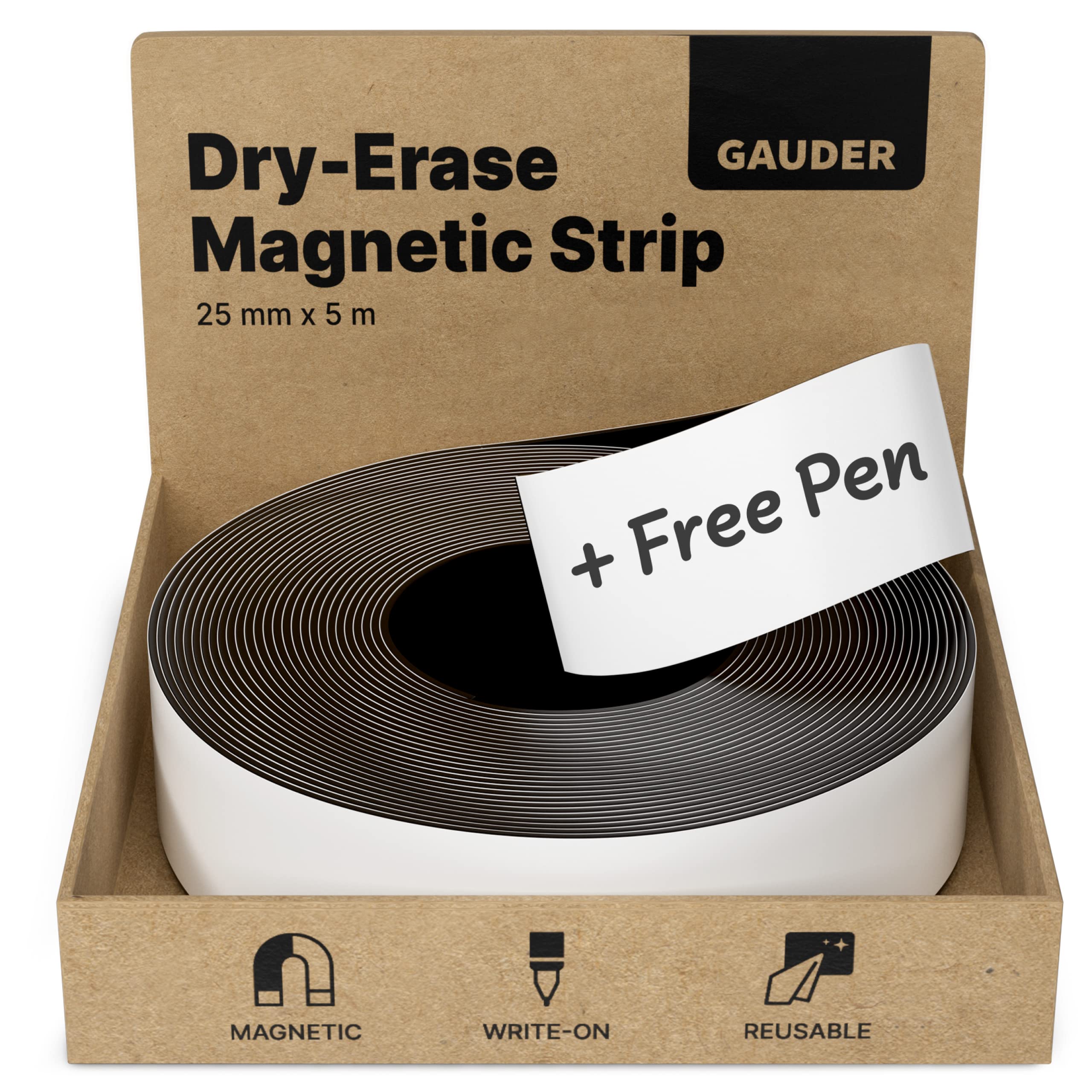 GAUDER Dry Erase Magnetic Tape | Magnetic Strips | Magnetic Labels | Magnetic Tape (25 mm x 5 m)