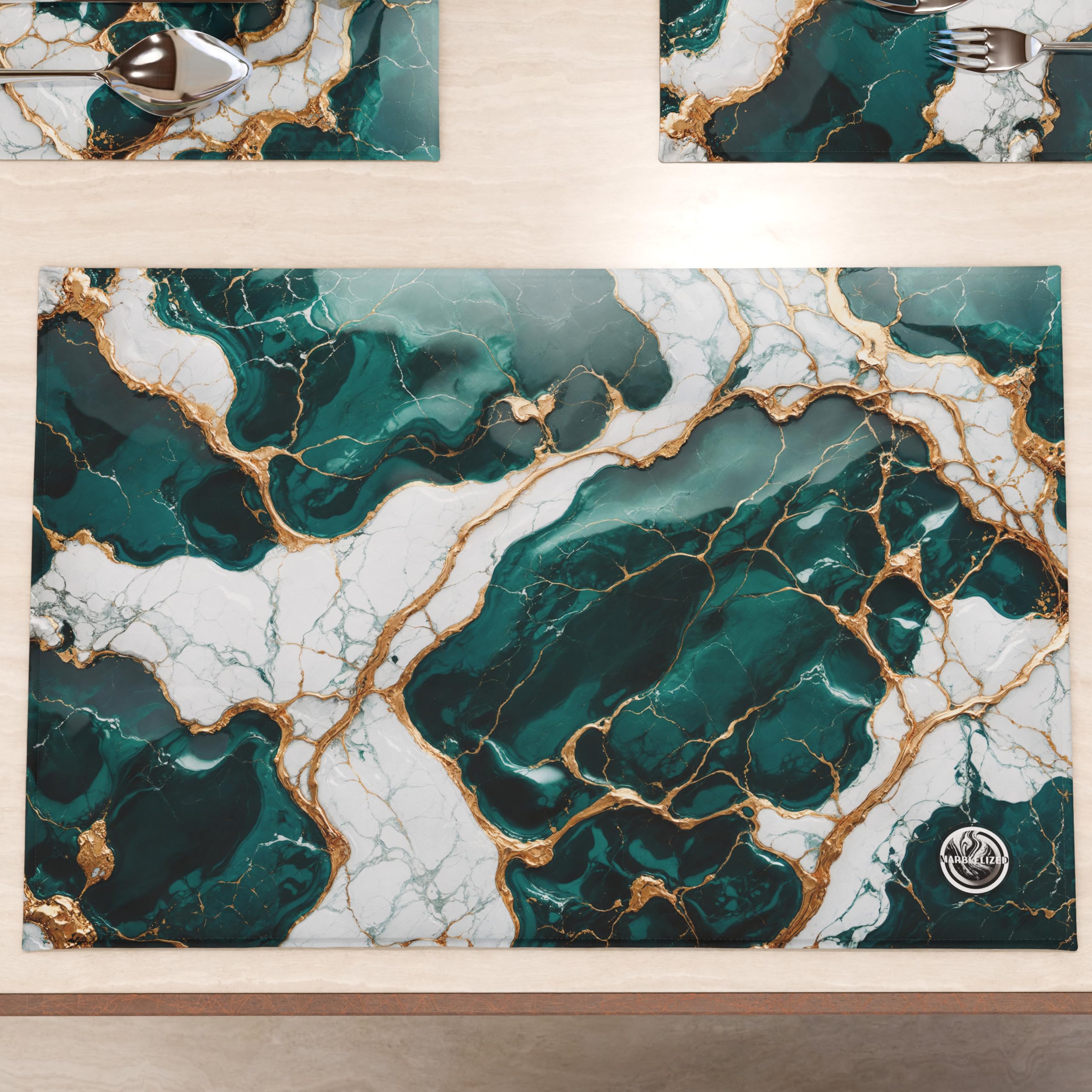 MARBLELIZED - Washable American Placemats, Table Mats in Teal Marble Effect, Set of 2 (30 x 45 cm) - Elegant, Ideal for Breakfast, Lunch and Dinner, Gift Idea, 100% Made in Italy
