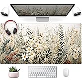 Beige Aesthetic Sage Desk Mat Cute Watercolor Flowers Mouse Pad Desk Pad, XXL Large Extended Gaming Anime Mousepad Big Keyboard Mouse Mat, Home Office Desktop Decor Deskpad for Women 31.5x15.75 in