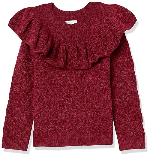 Amazon Essentials Girls' Soft Touch Ruffle Sweater, Raspberry Red Shearling, Medium