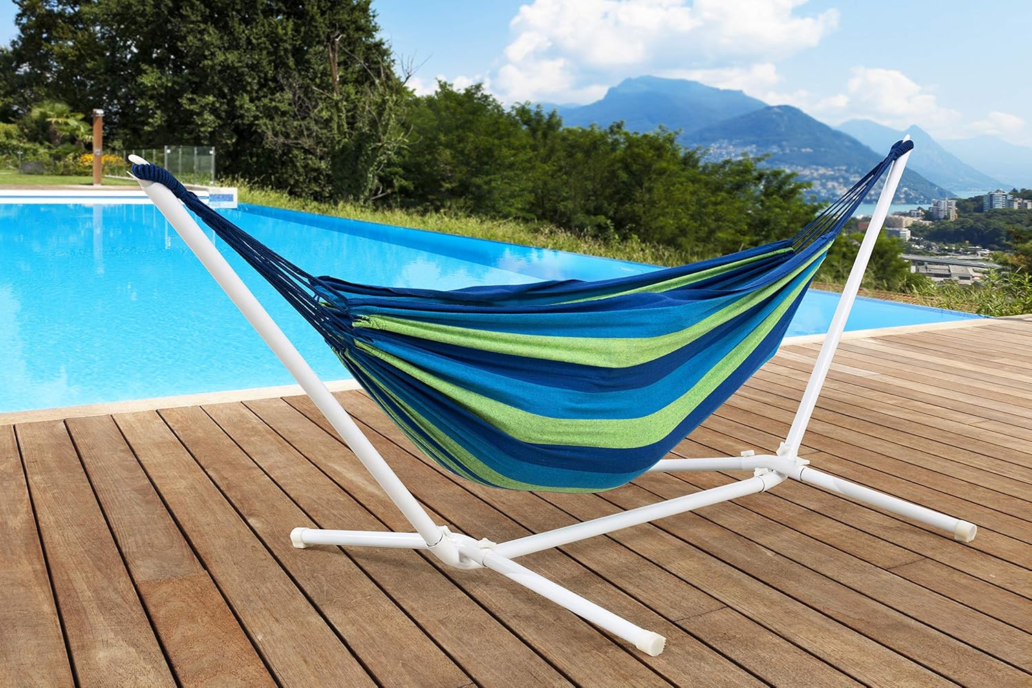  Basics Polycotton Double Hammock with White Easy Assembly Powder-Coated Steel Stand - Blue and Green Stripe : Garden & Outdoor