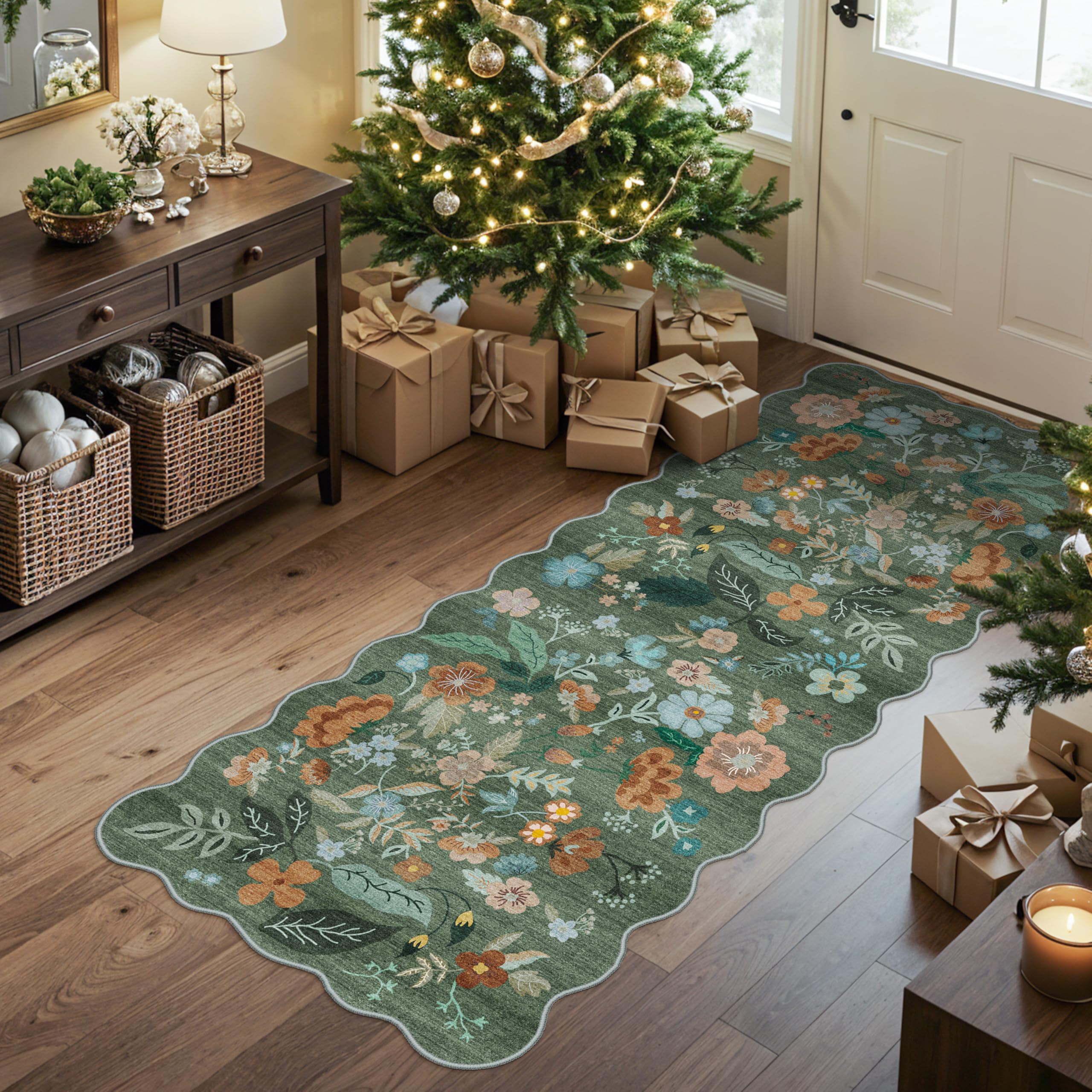 Photo 1 of 2x5 Washable Kitchen Area Rug: Floral Scalloped Entryway Runner Farmhouse Non-Slip Floor Carpet for Hallway Bathroom Soft Comfort Tile/Hardwood Floors Protection Mat Cute Home Decor(2x5, Floral/Green)