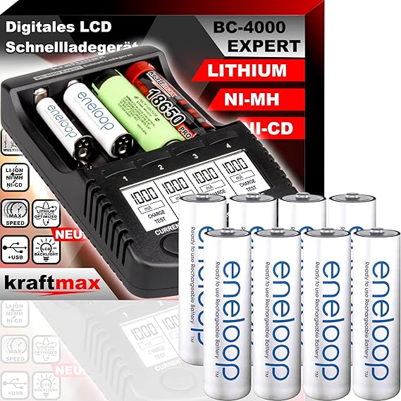 Original BC-4000 EXPERT Ladegerät + 8 Panasonic Eneloop Mignon AA Akkus - SET mit Ladestation und Akku Batterien in kraftmax 