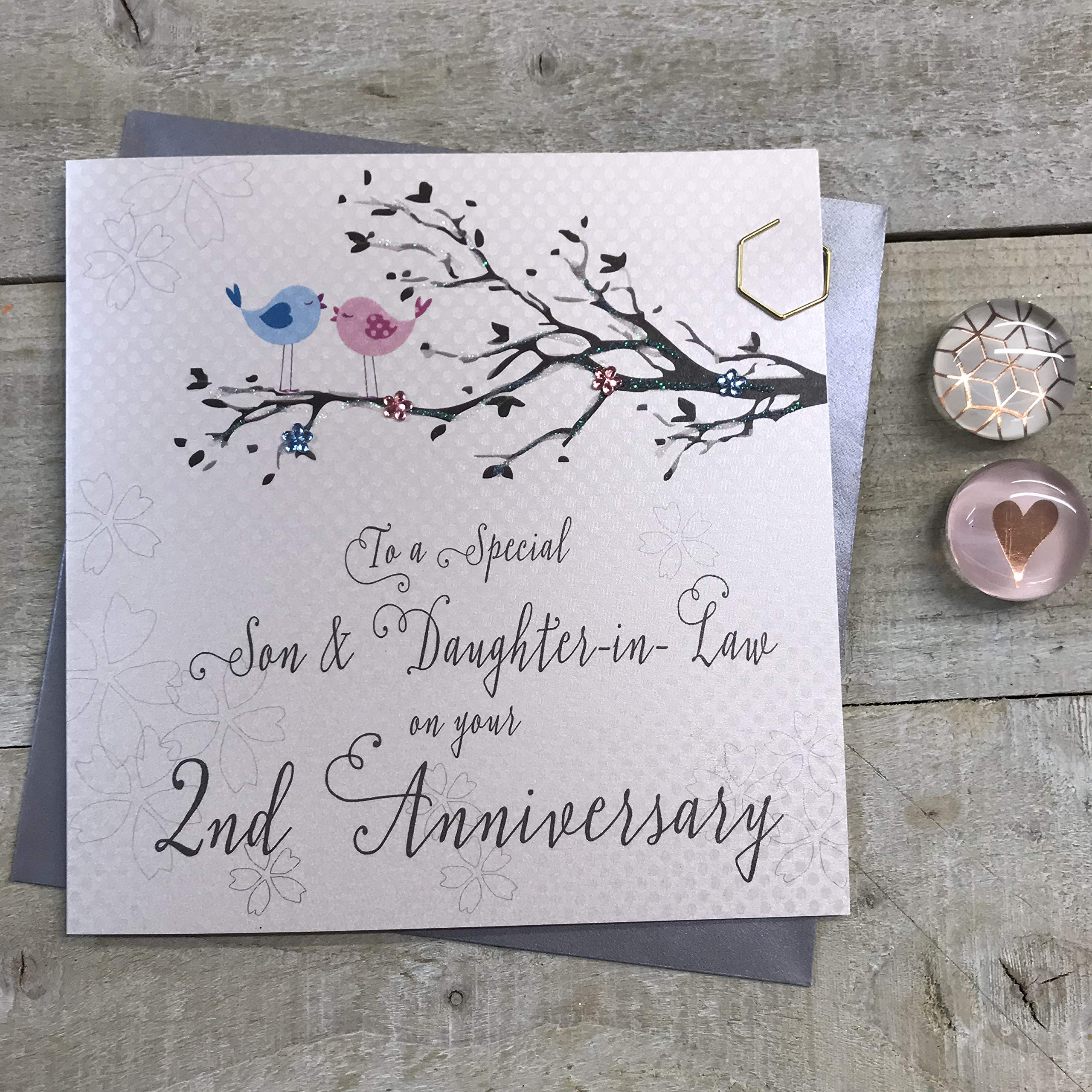 White Cotton Cards Son & Daughter-in-Law 2nd Wedding Anniversary Card Second Cotton Birds and Tree branch PD192-2,16cm x 16cm