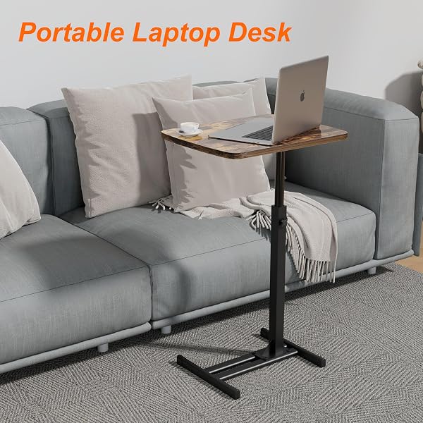 TV TRAY TABLE FOR SMALL SPACES WITH 360° SWIVEL TABLETOP & HEIGHT ADJUSTABLE,C SHAPED SOFA ARM END SIDE TABLE, BED TRAY STAND FOR EATING LAPTOP,LIVING ROOM, BEDROOM,BREAKFAST (METAL BASE)