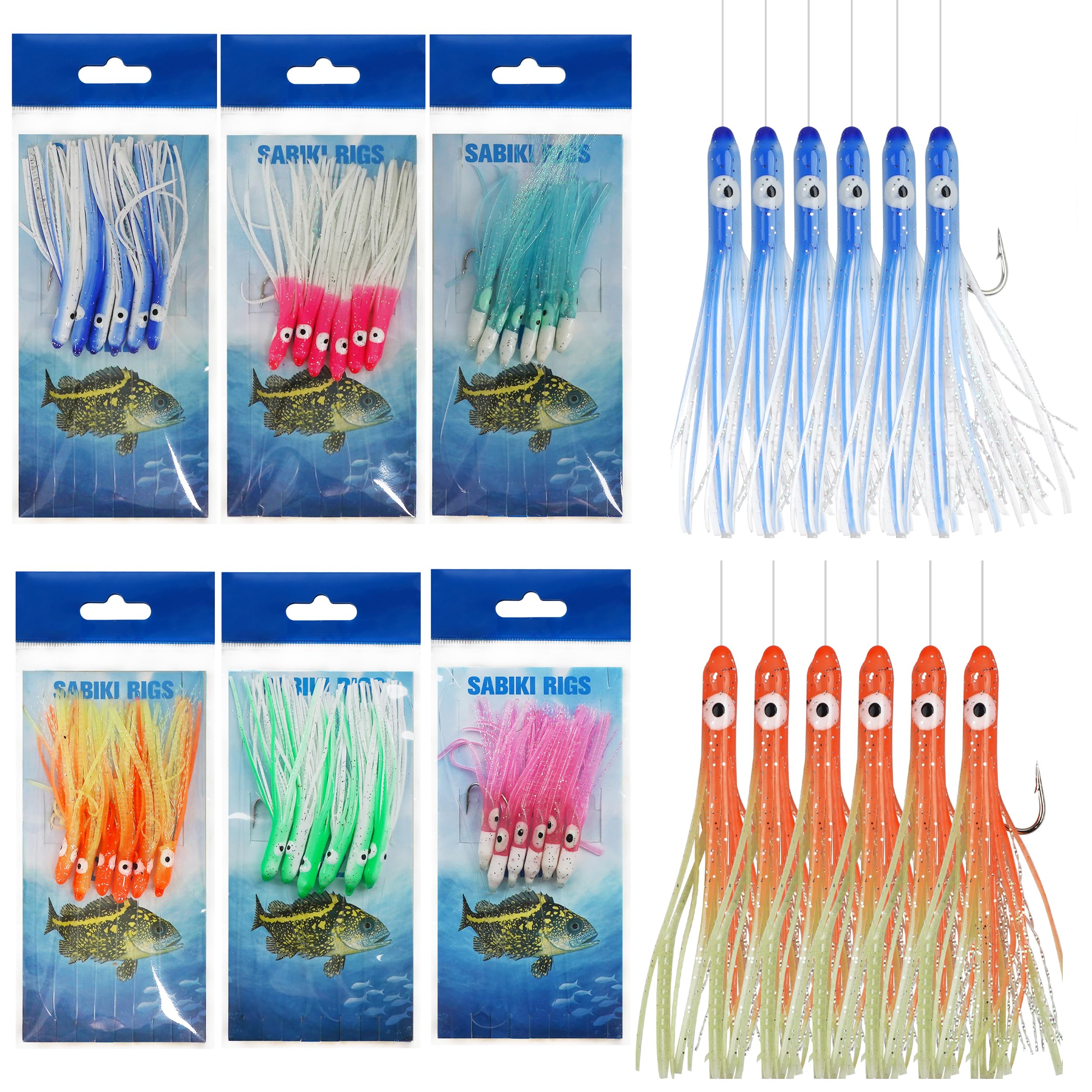 Fishing Bait Rigs Saltwater Set, 6 Packs Squid Bait Lure Rigs Sea Fishing Rigs with Glow Soft Squid Skirt Hook Swivel Snap for Freshwater Saltwater