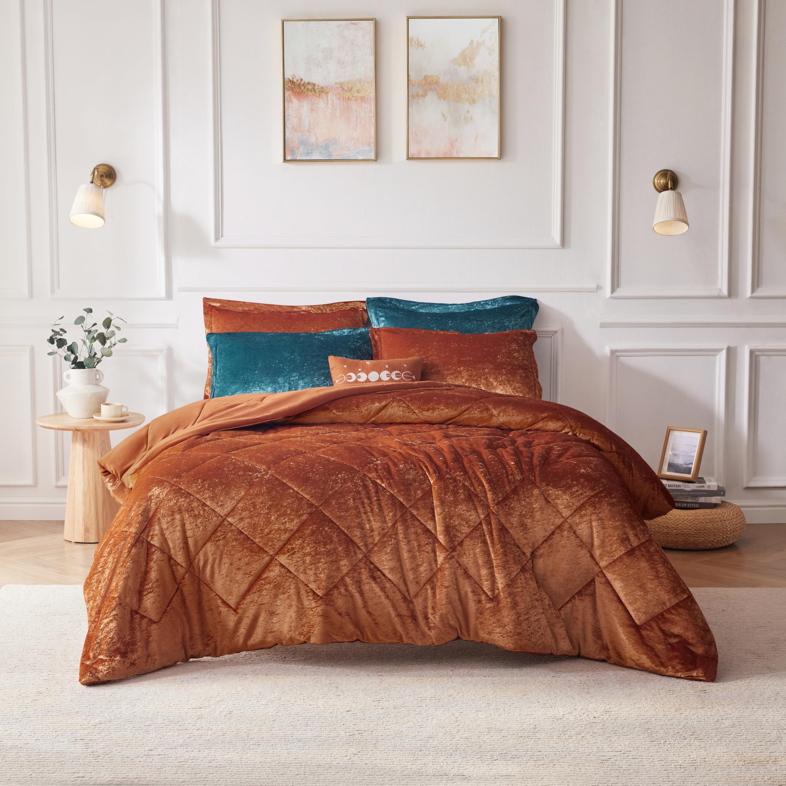 Intelligent Design Queen Comforter Set Velvet Comforters Queen Bedding Reversible, All Season, Diamond Quilted Bedding Microfiber Queen Size Comforters, Felicia, Full/Queen, Rust 4 Piece