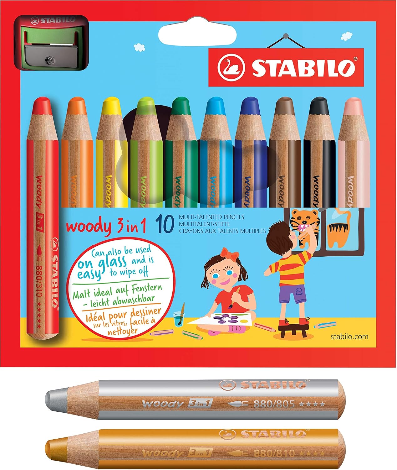 Stabilo Woody 3-in-1 Colouring Pencil, Watercolour and Wax Crayon 10 + 2 Pack with Sharpener with 10 Colours + Gold and Silver