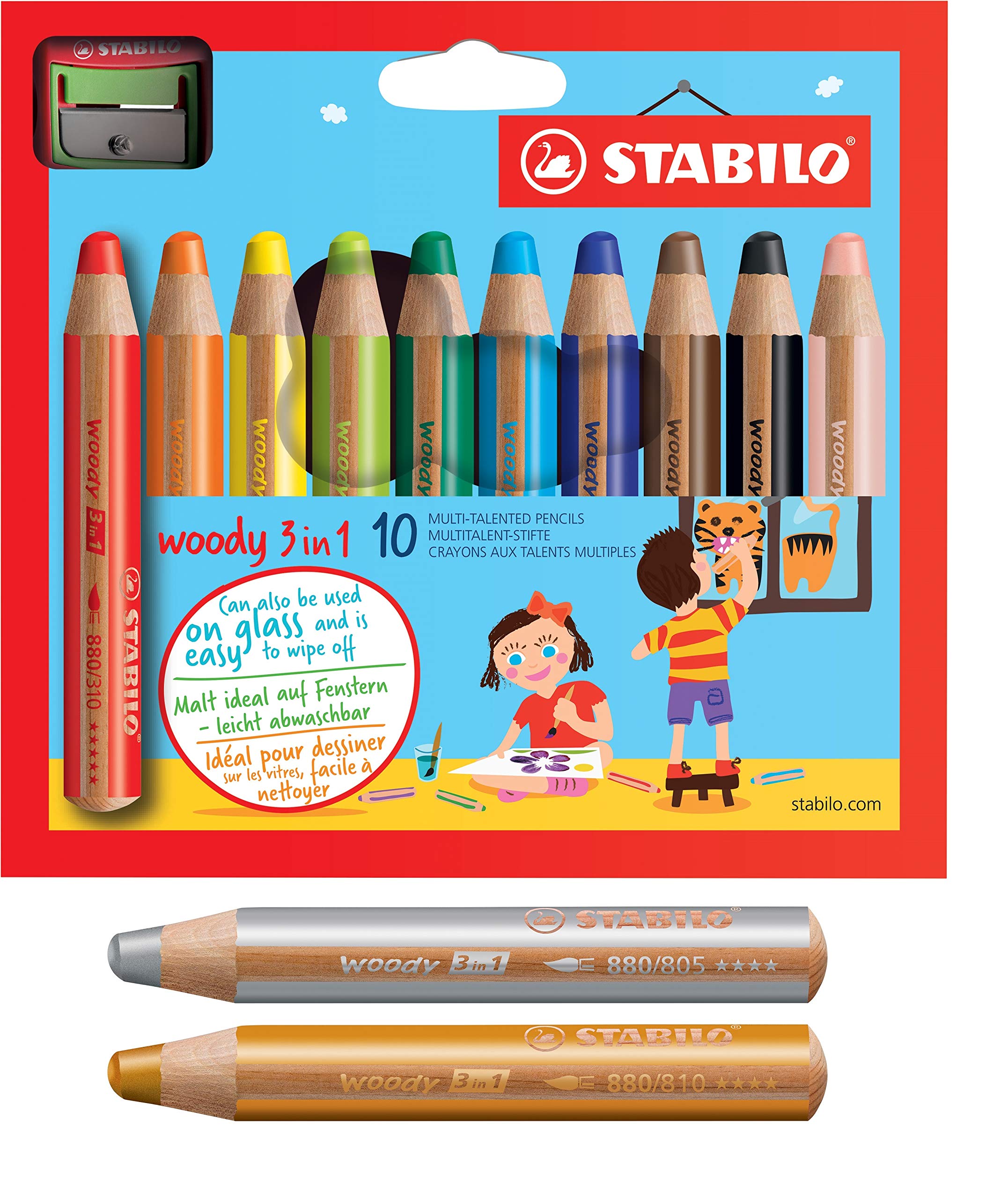 Stabilo Woody 3-in-1 Colouring Pencil, Watercolour and Wax Crayon 10 + 2 Pack with Sharpener with 10 Colours + Gold and Silver