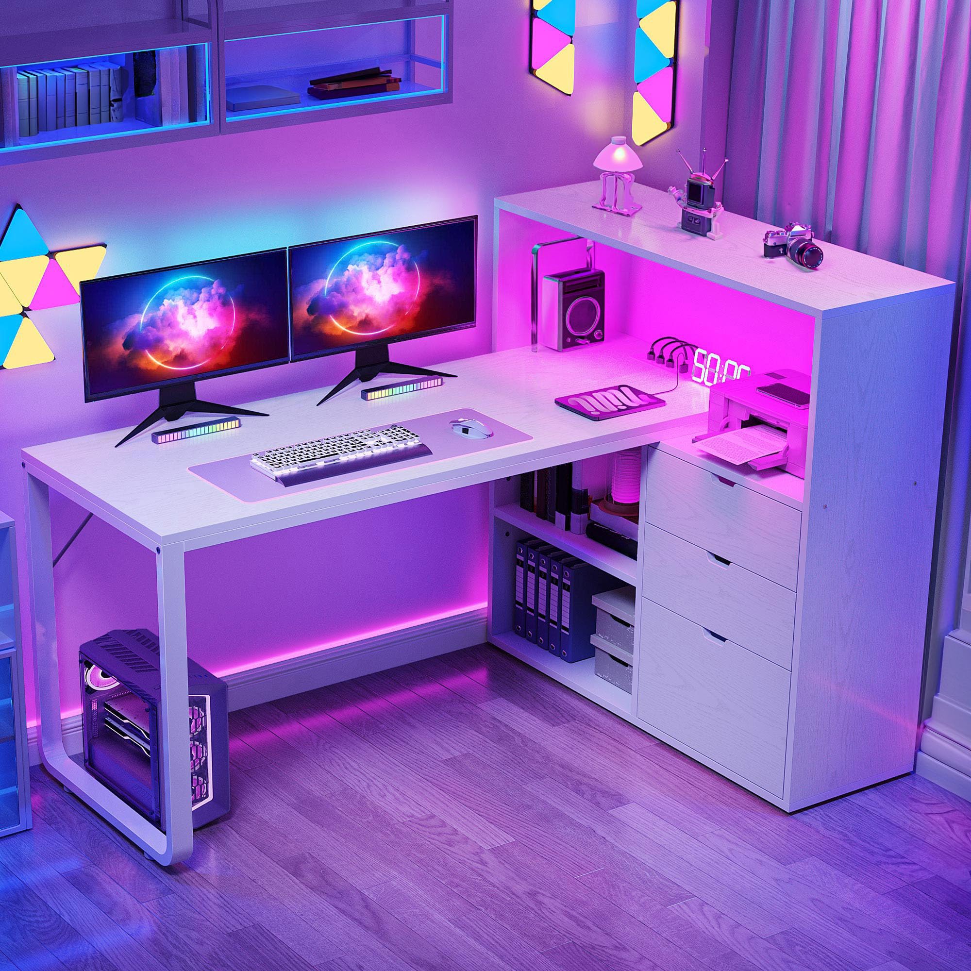 Photo 1 of ****DAMAGED PANEL****DWVO L Shaped Desk with Drawers, 55" Corner Computer Desk with Bookshelf & Power Outlets & LED Lights, Home Office Desk with Storage Shelves, White