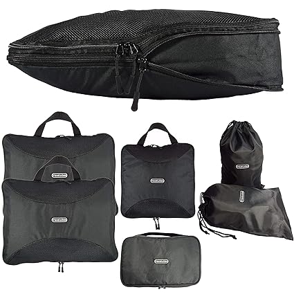 TraveLubes Packtaschen Set mit Kompression 6-teilig mit Kosmetik-Tasche | Koffer-Organizer | Kleidertasche | Packwürfel | Gep