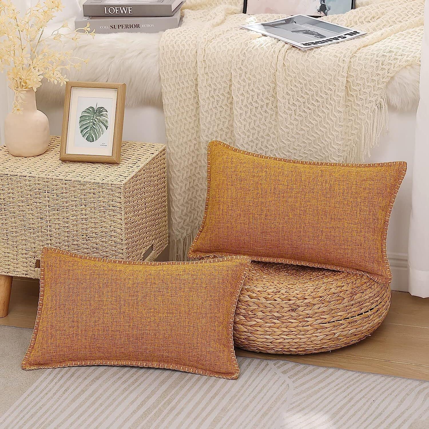 decorUhome Set of 2 Linen Cushion Covers 30X50cm,Decorative Outdoor Plain Vintage Cushion Covers with Stitched Edges, Rectangle Farmhouse Neutral Pillow case 12x20 Inch for Sofa, Bronze Gold