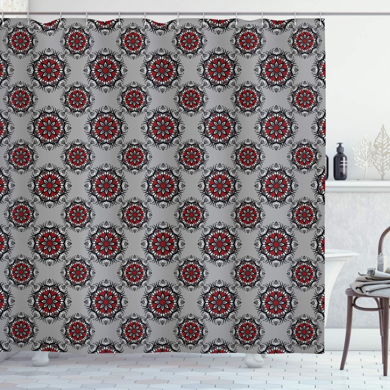 Amazon Com Ambesonne Red And Black Shower Curtain Persian Moroccan Middle Eastern Design With Flower Image Cloth Fabric Bathroom Decor Set With Hooks 70 Long Pale Grey White And Burgundy Home Kitchen