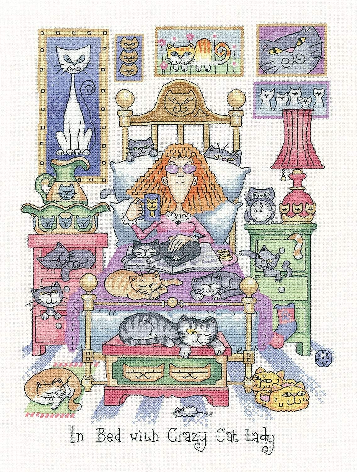 Heritage CRIB1331-A Counted Cross Stitch Kit Aida in Bed with Crazy Cat Lady (A), 22 x 30 cm
