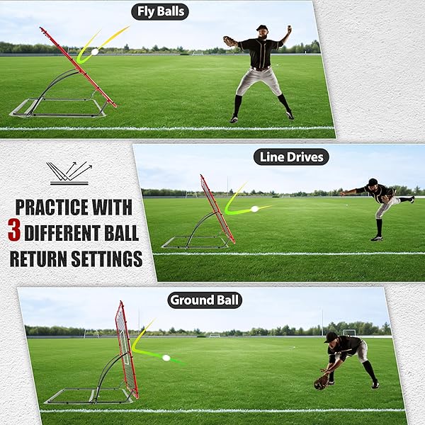TELURY HEAVY DUTY BASEBALL REBOUNDER NET 4X4.5 FT PITCHBACK WITH 3 ADJUSTABLE ANGLES, BASEBALL AND SOFTBALL BOUNCE BACK NET FOR GROUND, LINE DRIVE, FLY BALL RETURN SETTINGS FIELDING TRAINER (RED)