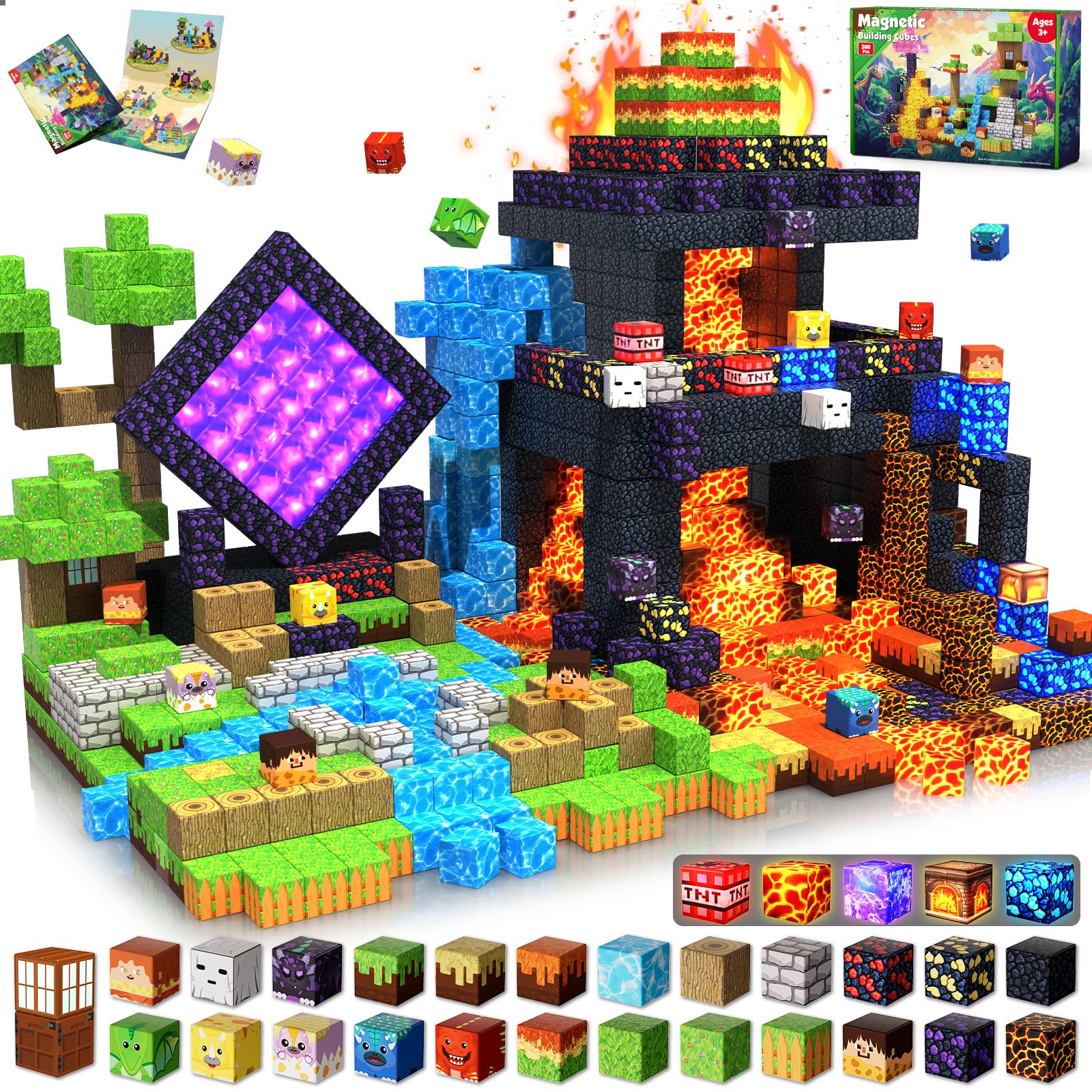 Magnetic Blocks - 300 PCS with Light Up Blocks Dinosaur Volcano Forest Castle Set - Kids Classroom Sensory Toy for Toddlers STEM, Construction Stacking Toy Kids 3+ Boys Girls Christmas Birthday Gifts Image