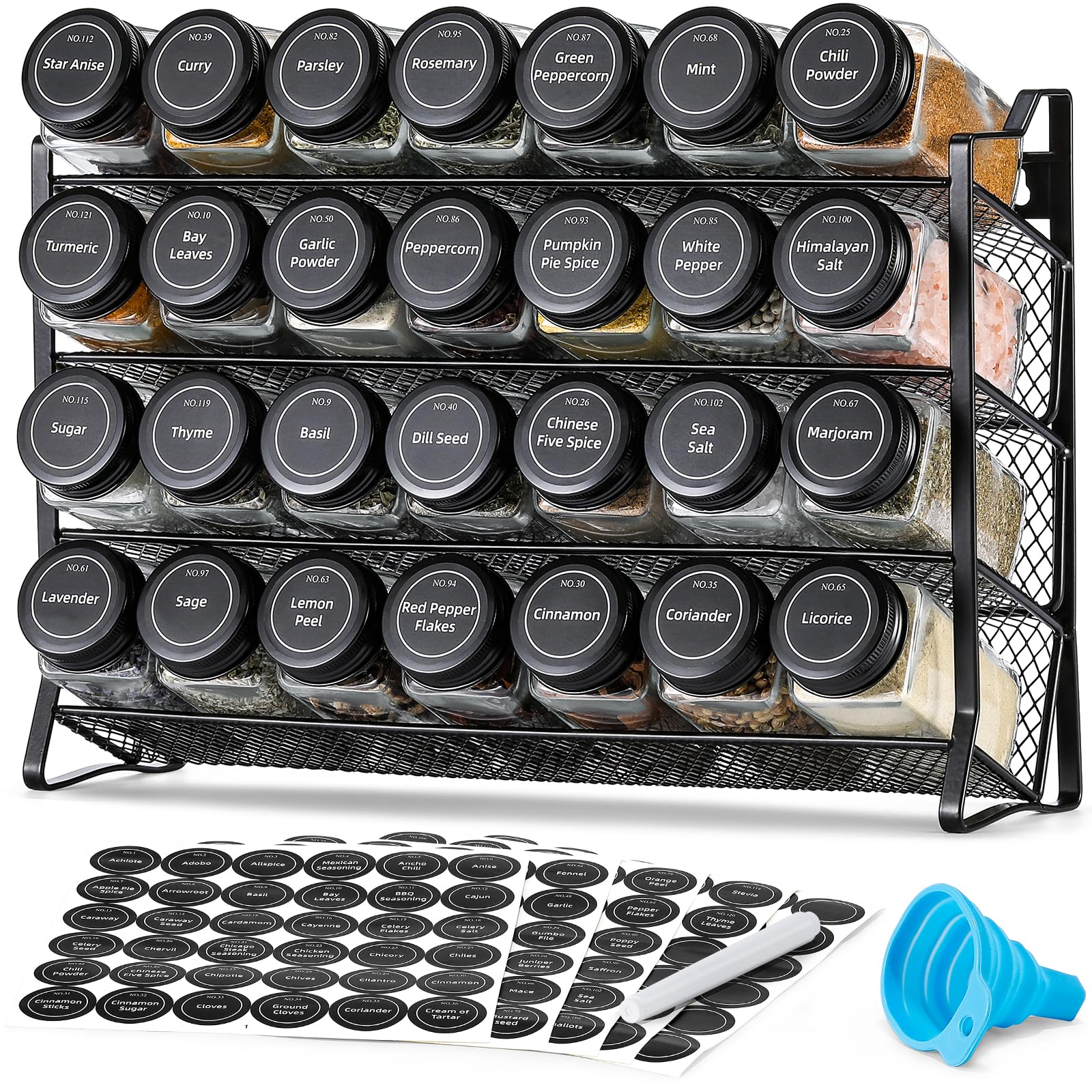 Photo 1 of AOZITA Spice Rack Organizer for Cabinet, Spice Organizer with 28 Empty Spice Jars with Black Lids, Funnel, Spice Labels, Seasoning Organizer for Countertop, Cabinet, Kitchen, Pantry, Cupboard