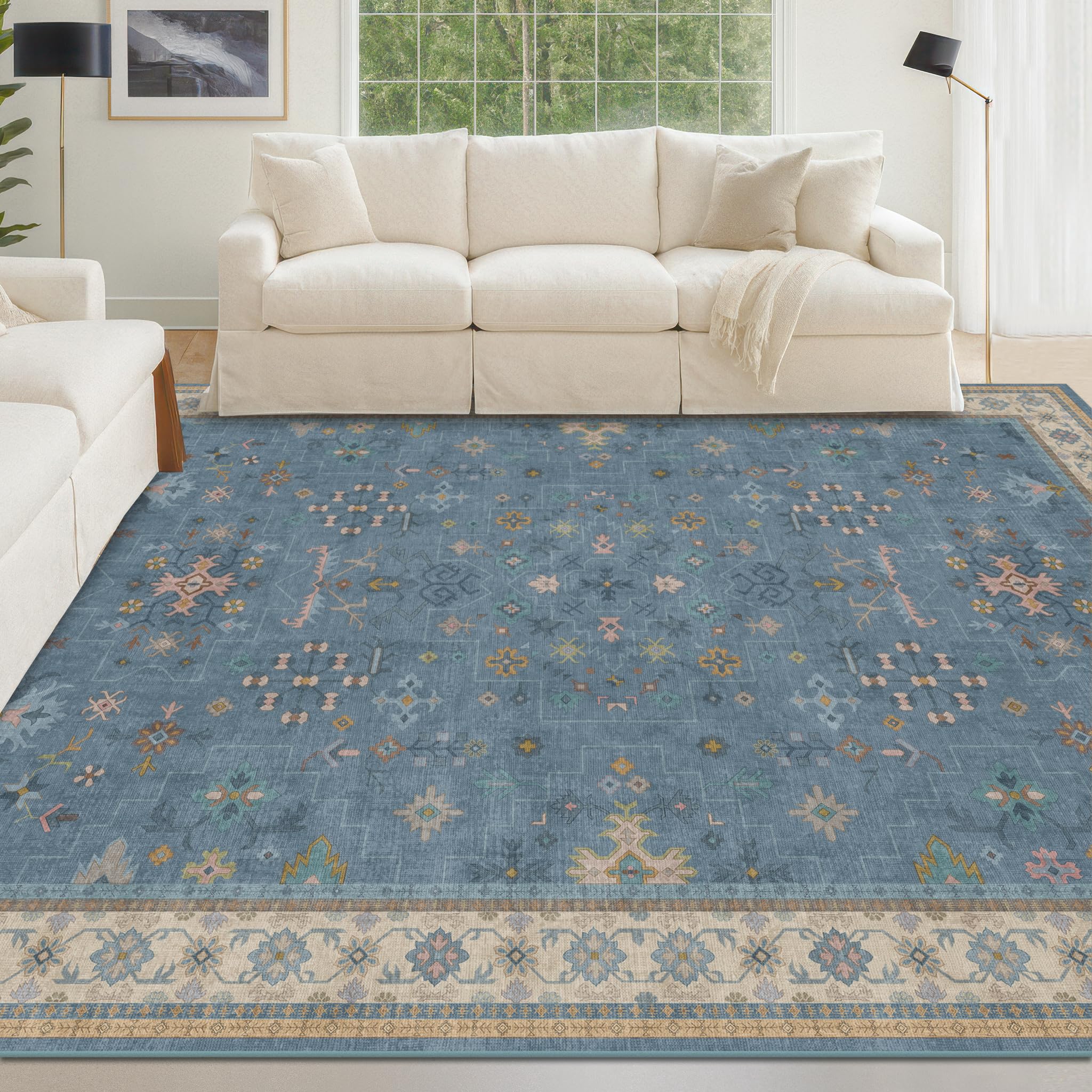 5x8 Rug for Living Room, Boho Eclectic Area Rugs Blue Modern Low-Pile Carpet for Bedroom, Dining Table, Nursery, Washable Non-Slip with Rubber Back Image 5x8 Rug for Living Room, Boho Eclectic Area Rugs Blue Modern Low-Pile Carpet for Bedroom, Dining Table, Nursery, Washable Non-Slip with Rubber Back Image