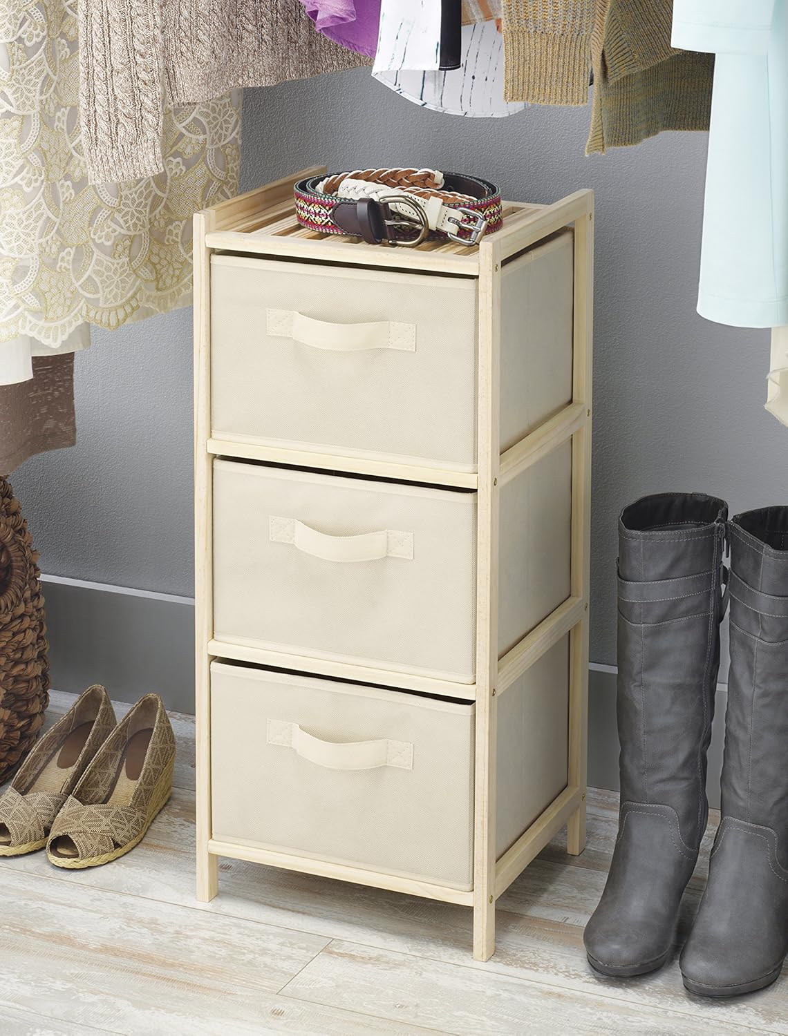 Whitmor 3 Drawer Wood Chest - Compact Design - Pull Out Fabric Bins - Natural Pine: Home & Kitchen