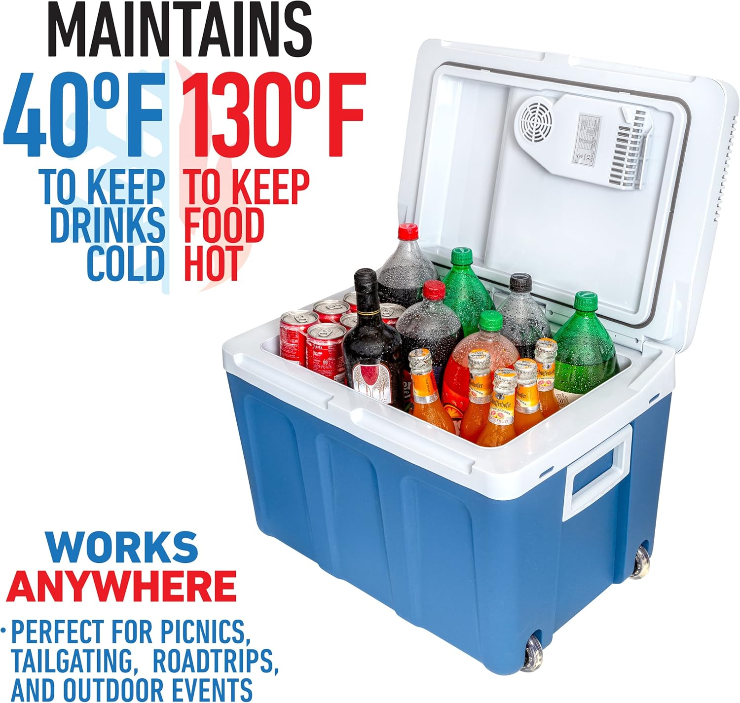 K-box Electric Cooler and Warmer with Wheels for Car and Home - 48 Quart (45 Liter) - 6 FT. EXTRA Long Cables Dual 110V AC House and 12V DC Vehicle Plugs (Blue): Appliances