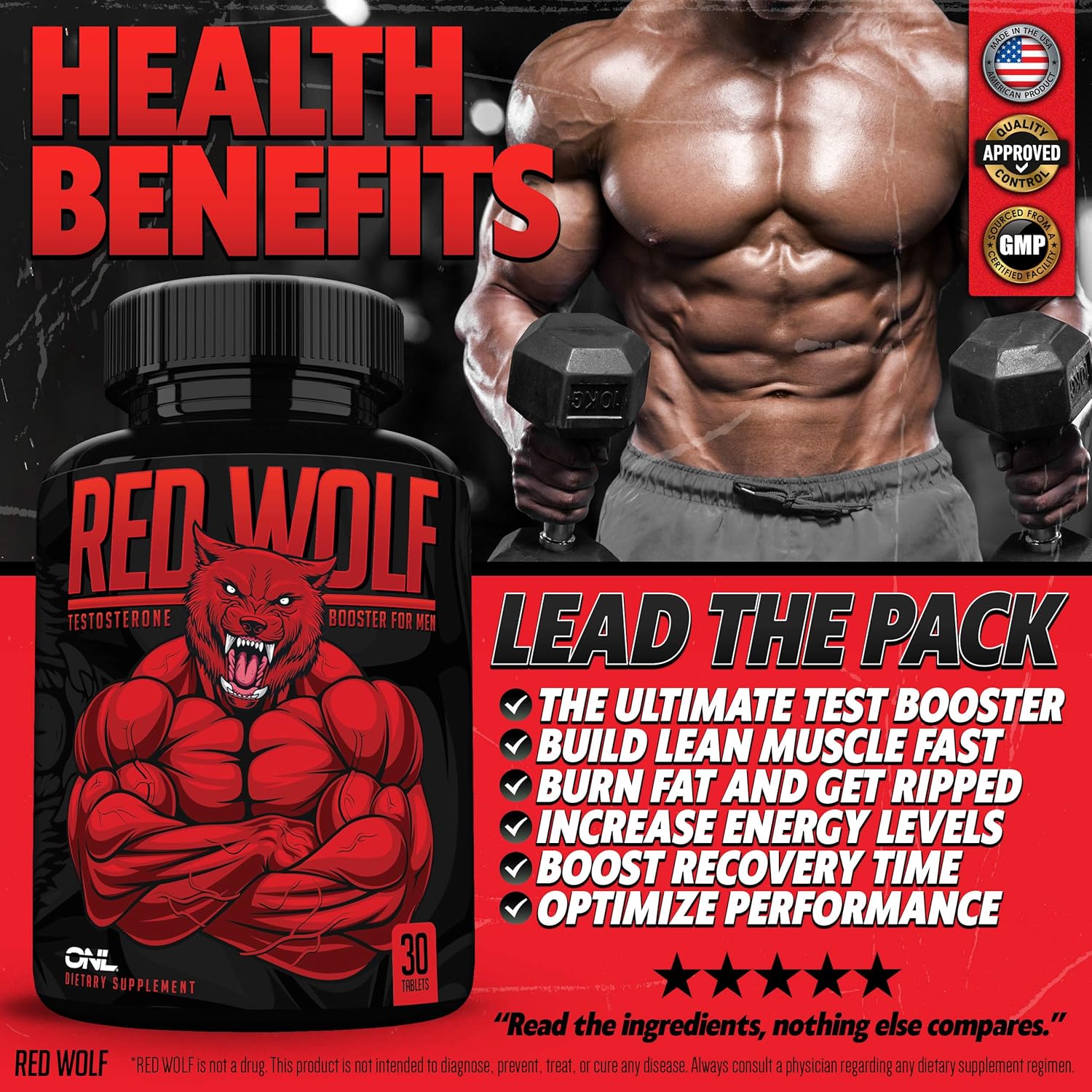 Red Wolf Testosterone Booster for Men - Enlargement Supplement - Ultimate Mens High Potency Endurance, Drive, and Strength Booster - Osyris Nutrition Lab - 1 Month Supply - Made in USA: Health & Personal Care