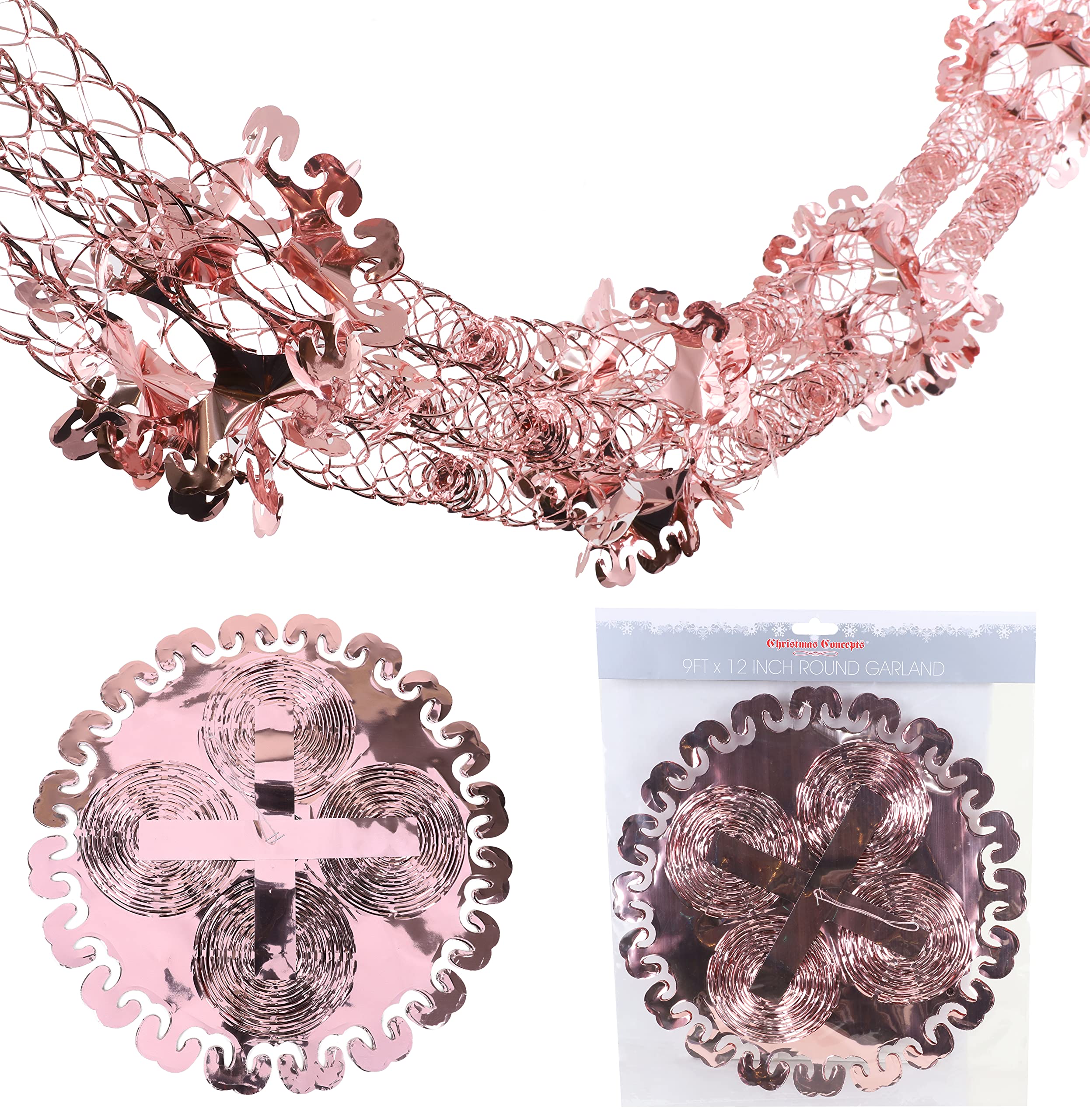 Christmas Concepts® 9ft x 1ft Large Round Foil Garland Festive Hanging Decorations – Christmas Trimming (Rose Gold)