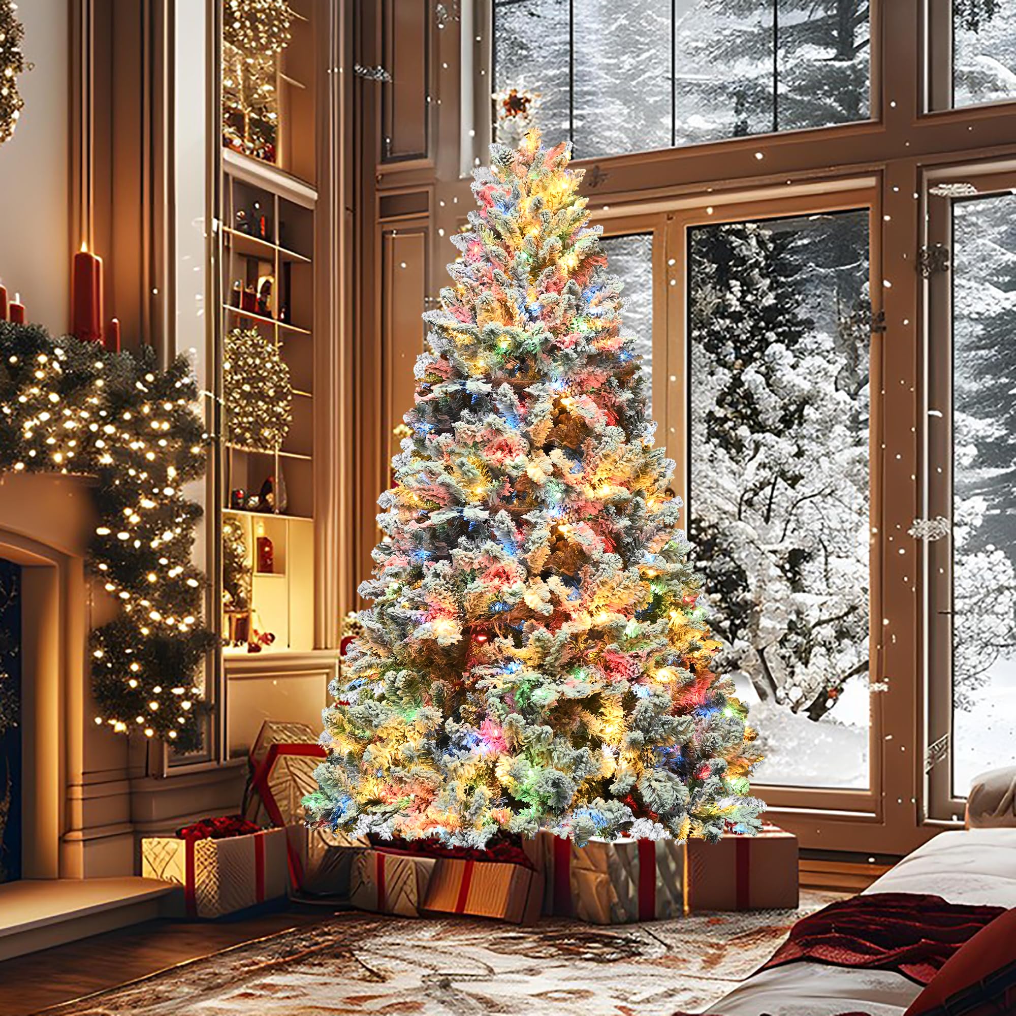 7FT Pre-Lit Christmas Tree with 500 Multicolor Lights, Realistic Snow Flocked Artificial Pine Trees with Pine Cones & Premium PVC, Sturdy Foldable Metal Stand, Easy Assembly Hinged Design