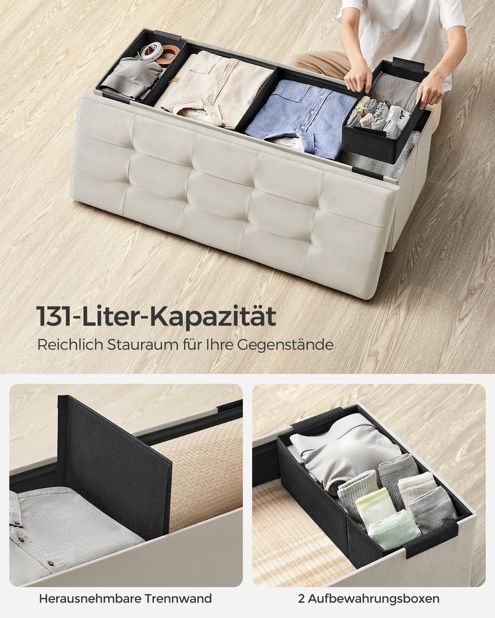 SONGMICS Sitzhocker mit Stauraum, klappbare Sitzbank, 38 x 110 x 38 cm Fußbank, Aufbewahrungsbox, bis 300 kg belastbar, für Wohnzimmer Schlafzimmer Flur, cremeweiß LSF277W01 5