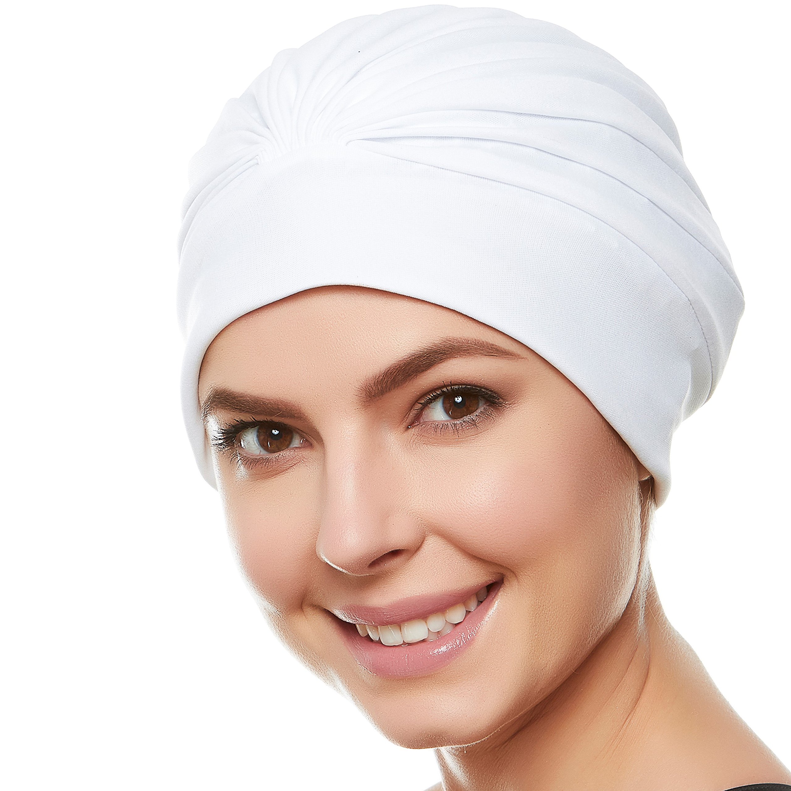 Beemo Women’s Swim Bathing Cap Turban – Polyester Latex Lined Pleated for Women & Girls Long/Short Hair - White