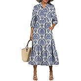 ANRABESS Women Summer Dress 2026 3/4 Puff Sleeve Polo V Neck Floral Print Casual Boho Shirt Maxi Dress Beach Vacation Clothes