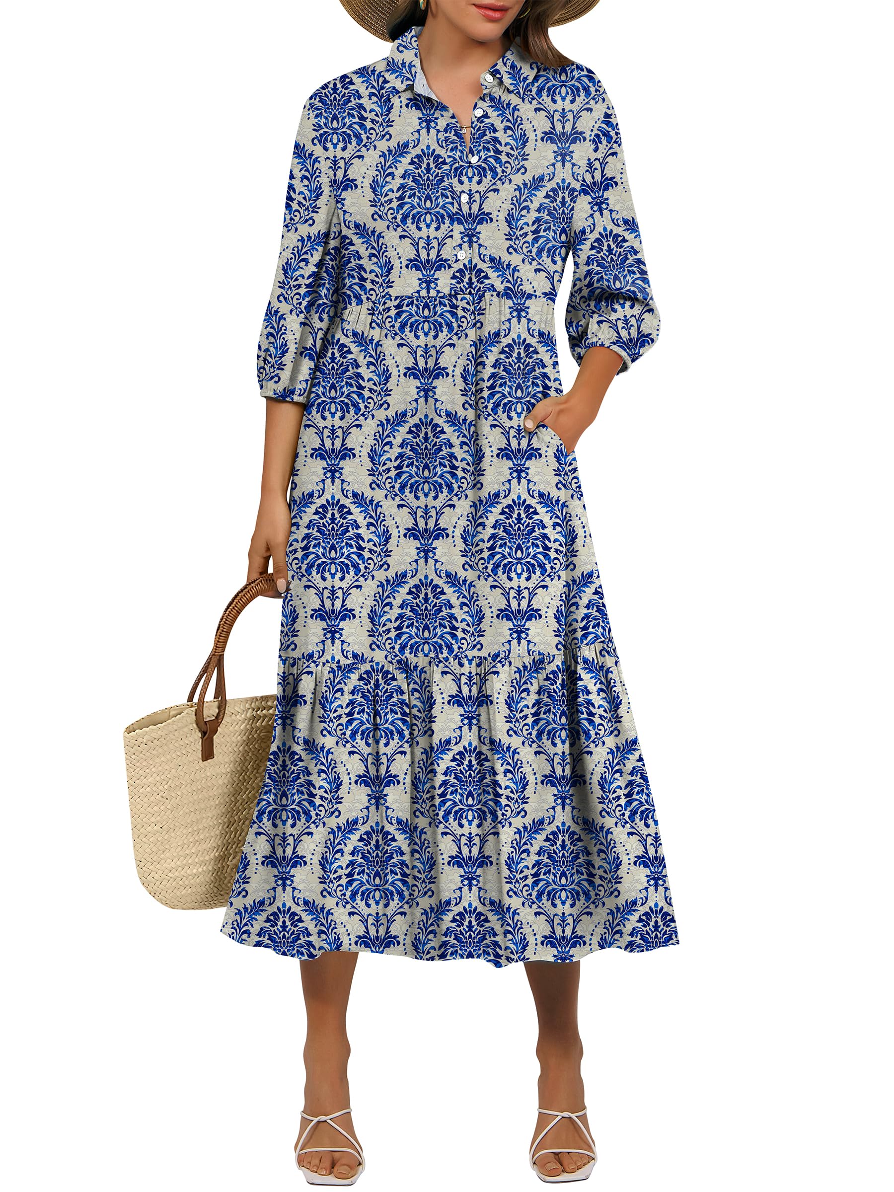 Photo 1 of ANRABESS Women Summer Dress 2025 3/4 Puff Sleeve Polo V Neck Floral Print Casual Boho Shirt Maxi Dress Beach Vacation Clothes Blue Khaki XX-Large