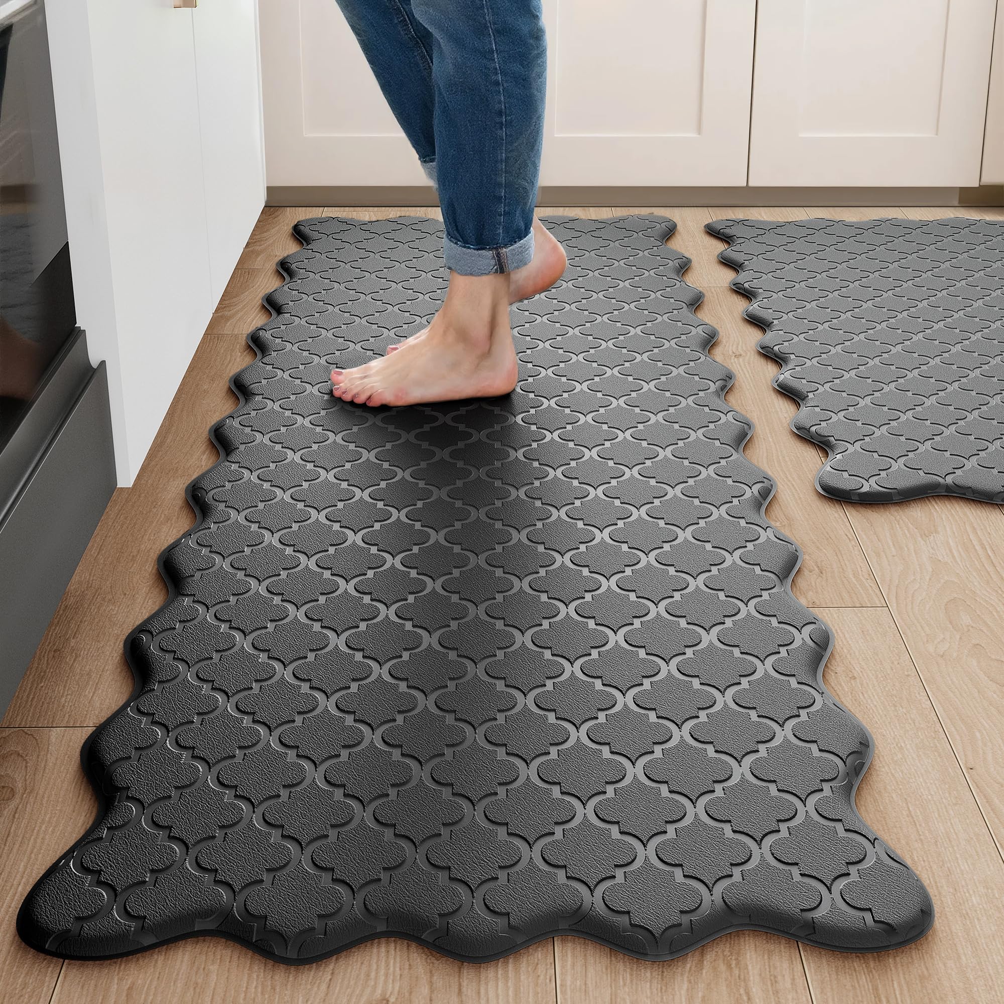 Photo 1 of Arenarug Upgrade Scalloped Embossed Kitchen Mats for Floor 2PCS Cushioned Anti Fatigue Waterproof Foam Kitchen Rugs Non Slip Washable Comfort Standing Mat for Sink Laundry, 17.3"x30"+17.3"x59", Black