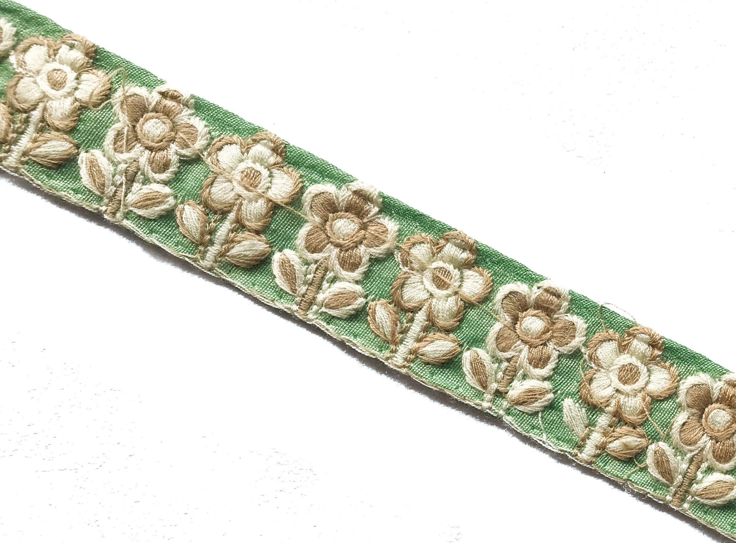 Floral Trim Embroidered in Beige and Cream on a Green Fabric Base for Sewing and Craft 3 Yards by Craftbot