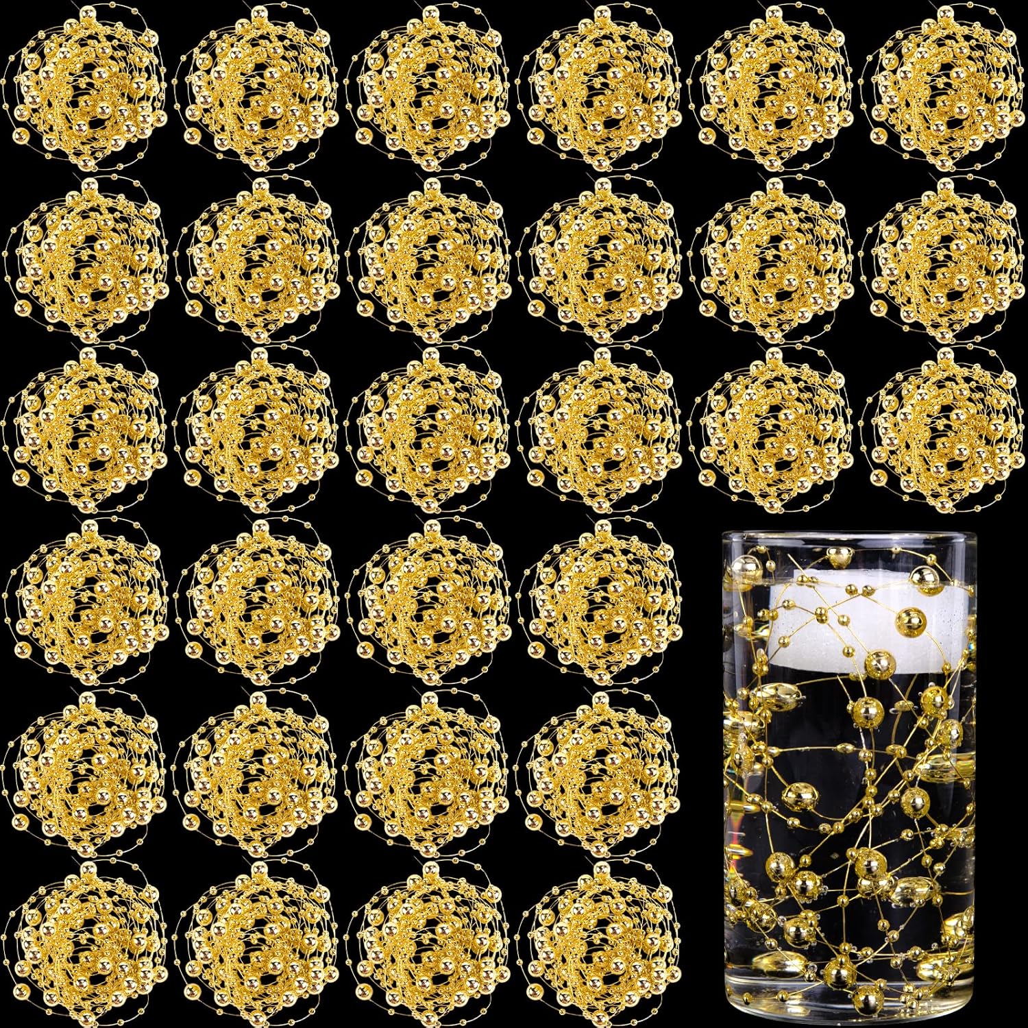 Vase Fillers - FUTUREPLUSX 60PCS Pearl Strings for Floating Candle, Gold Floating Pearls Beads Vase Fillers for Wedding Table Decor Centerpiece Garland