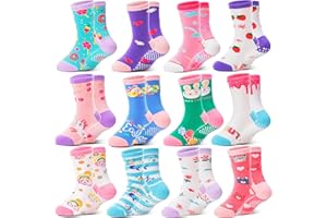 12 Pairs Baby Girls Toddlers Grips Socks Kids Anti Slip/Non Skid Funny Animal Cartoon Crew Cotton Breathable Socks